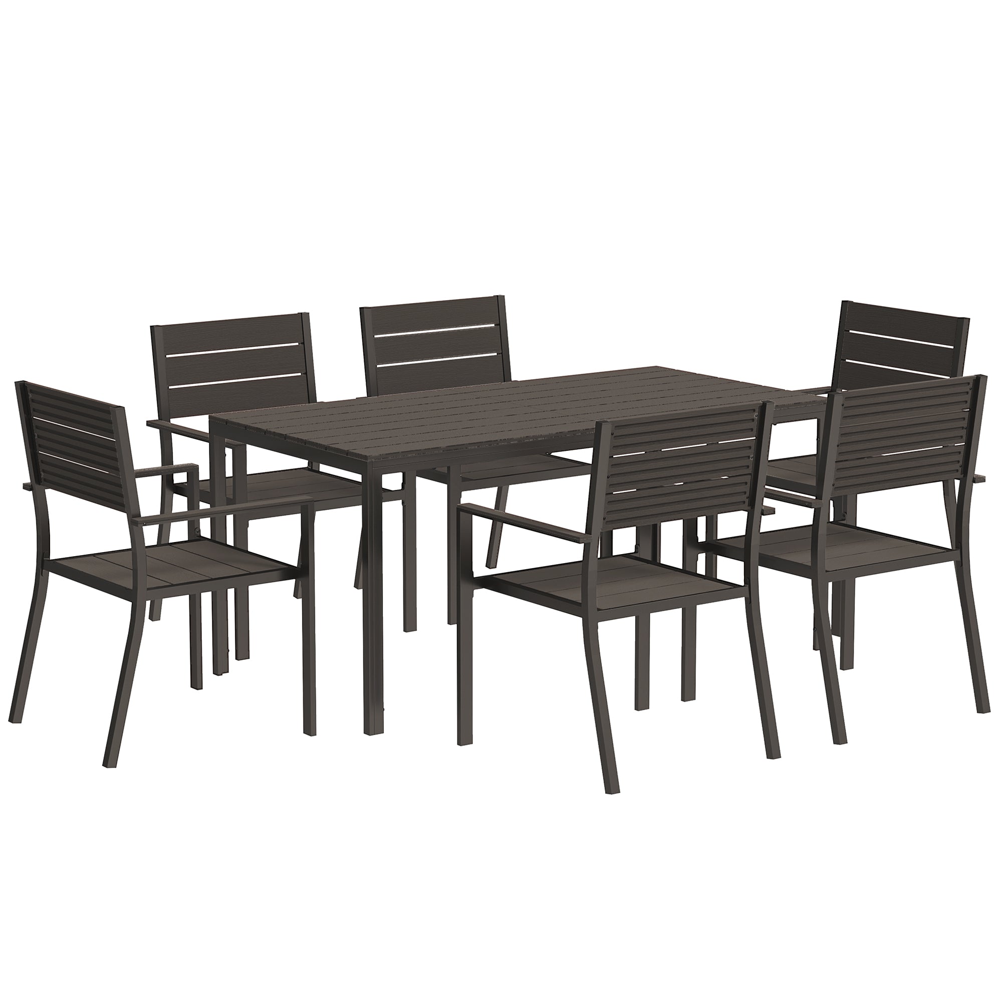 7-piece dining set for 6 persons Dining table with 6 stackable chairs Dining room set with slatted table Kitchen table set Balcony furniture Garden furniture for terrace, balcony Dark Brown