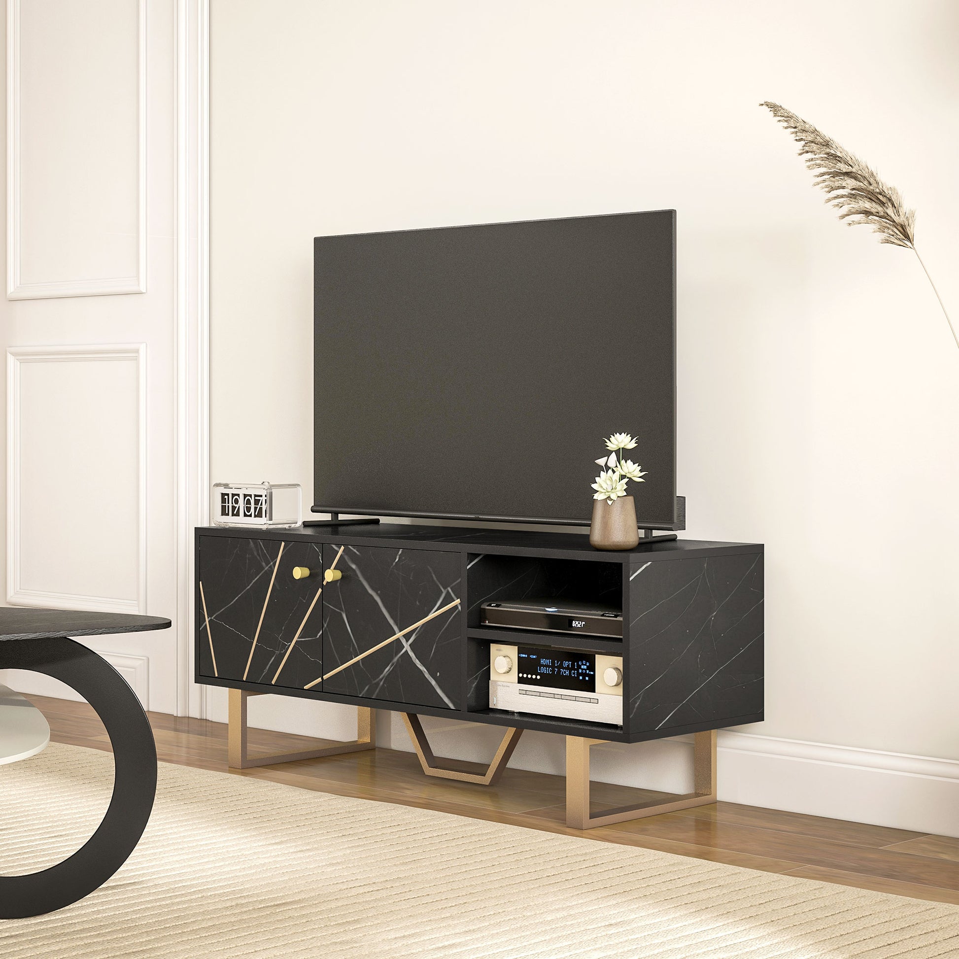 TV Stand TV Console with 2 Doors Adjustable Shelf and Marble Effect TV Stand for Living Room for 50 inch TVs Black and Gold