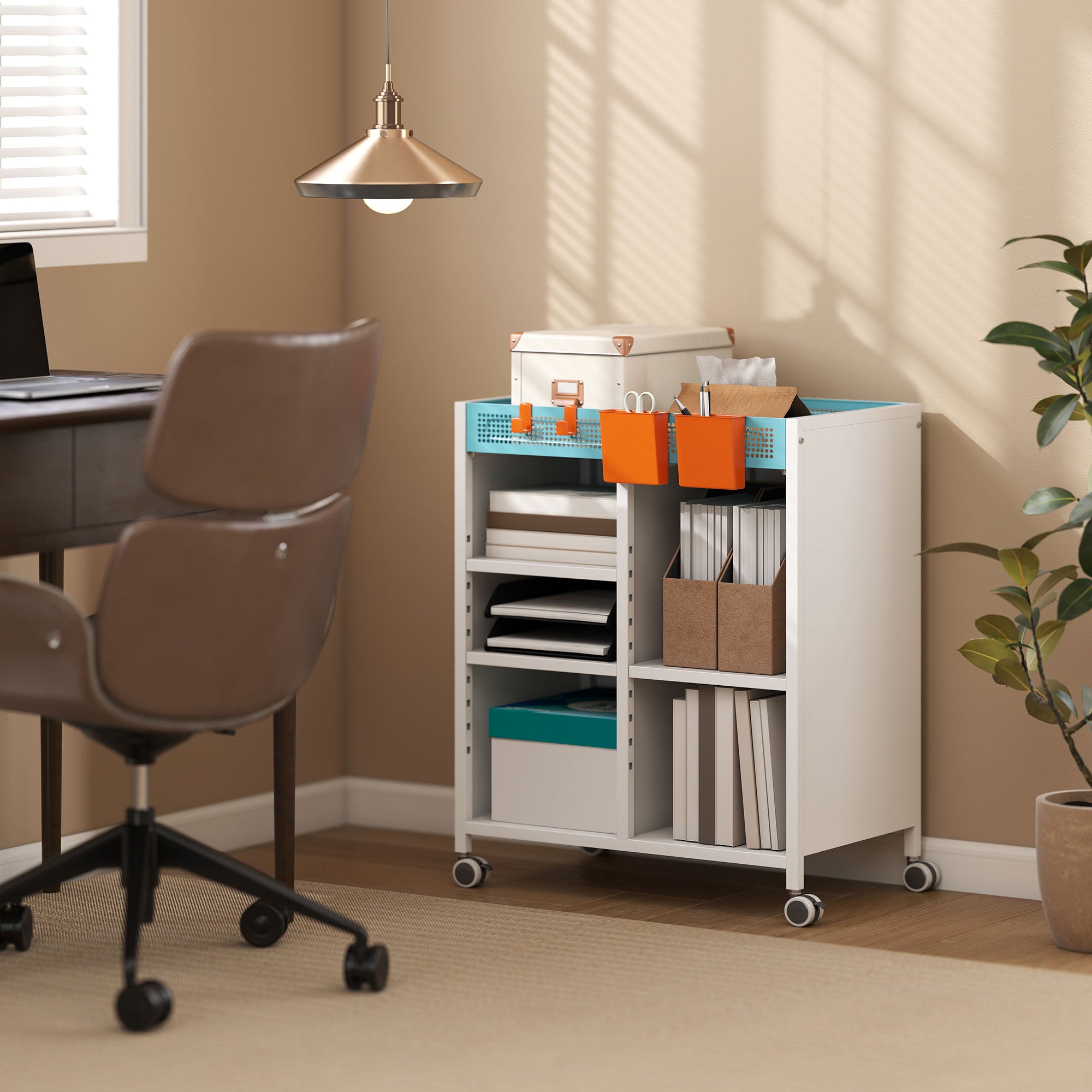 4-Tier Rolling Bookshelf Cart with Adjustable Shelves, Hanging Baskets & Hooks — White