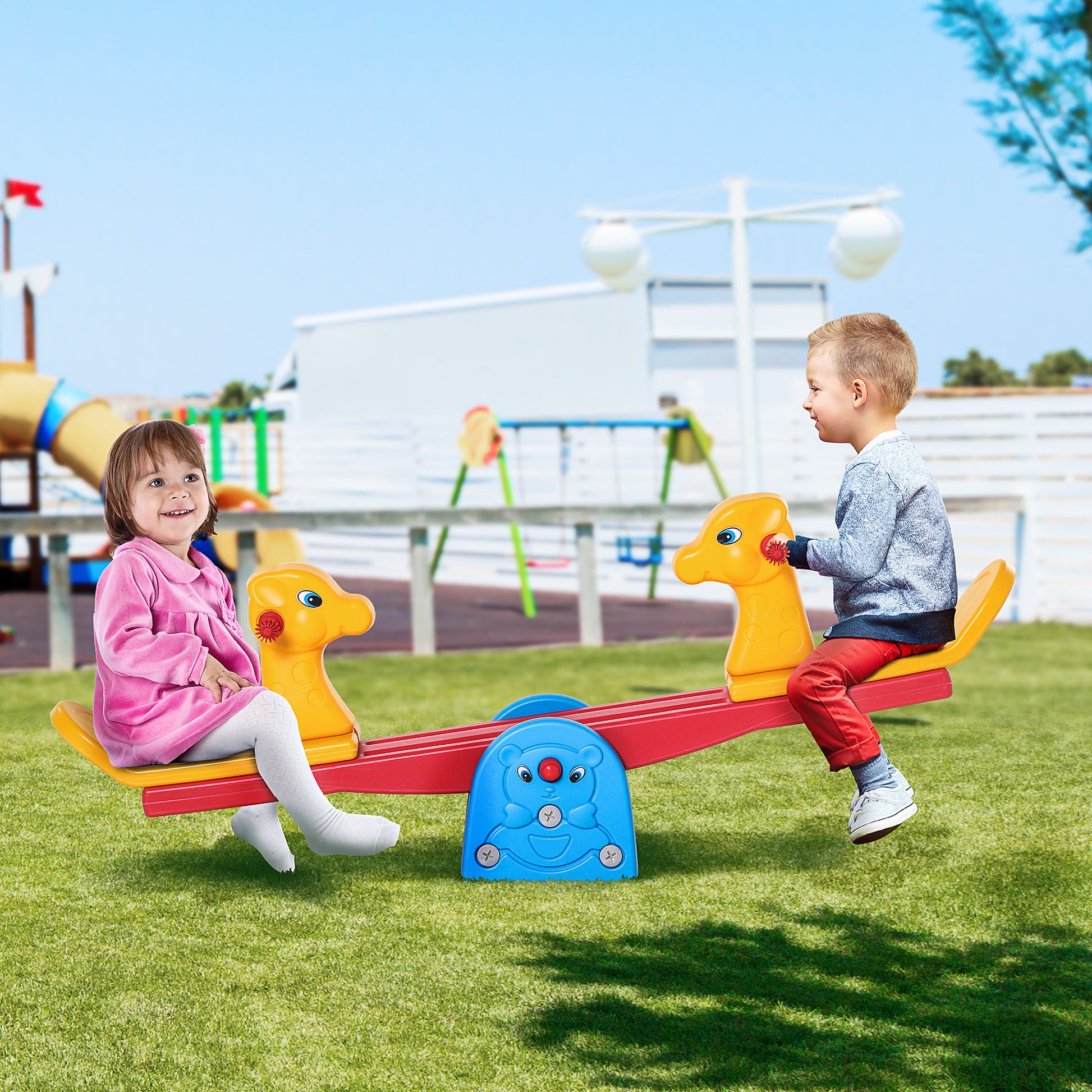 Kids Seesaw Swing Rocking Toy with Textured Giraffe-Shaped Handlebar and Backrest Load 20kg per Seat for Indoor and Outdoor Use 150x32x60 cm Multicolor