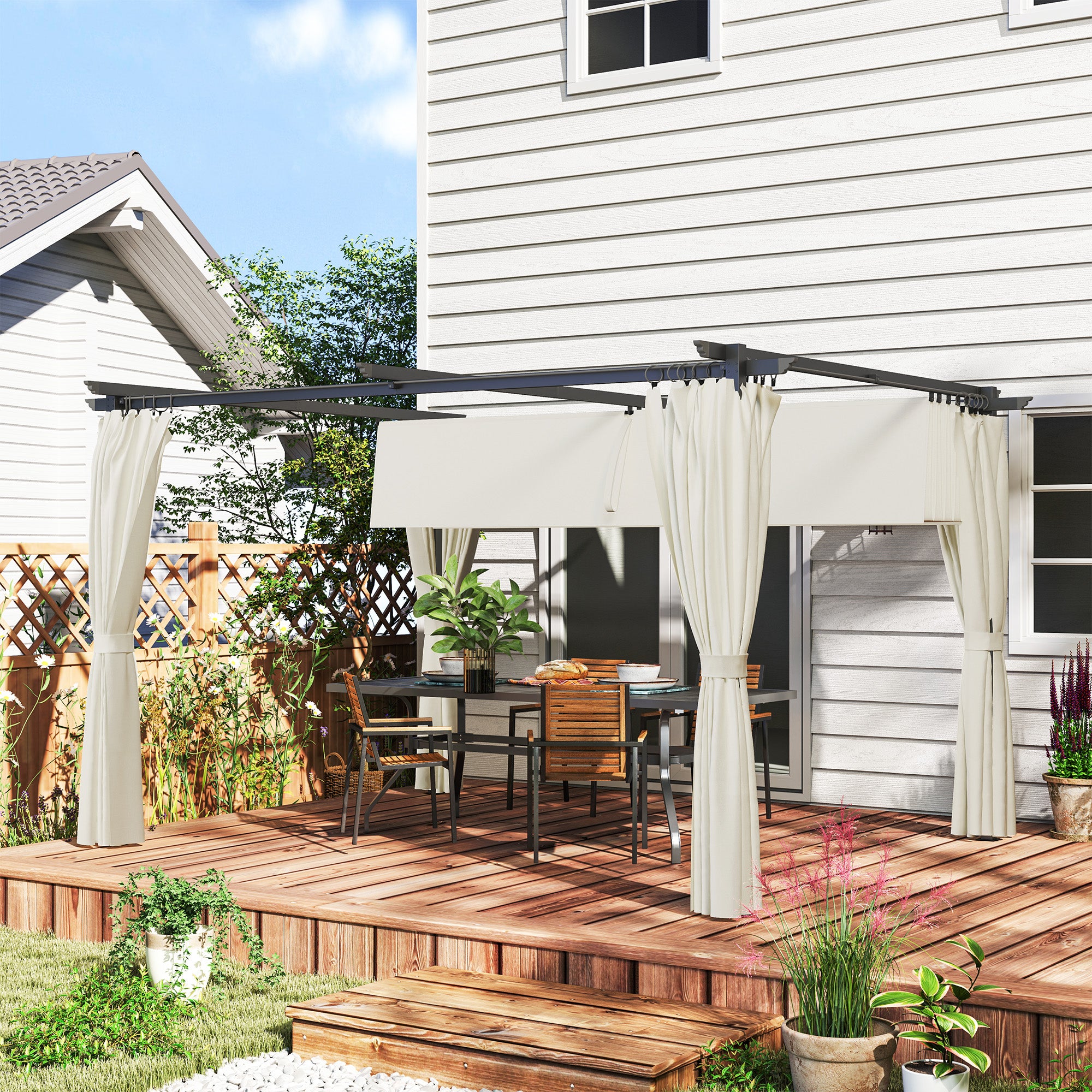Pergola Garden Outdoor 3 x 4m Extendable Sliding Pavilion with Side Walls, Garden Gazebo, 180g/m² High-Density Polyester, Sun Protection UPF30+, for Patio, Cream