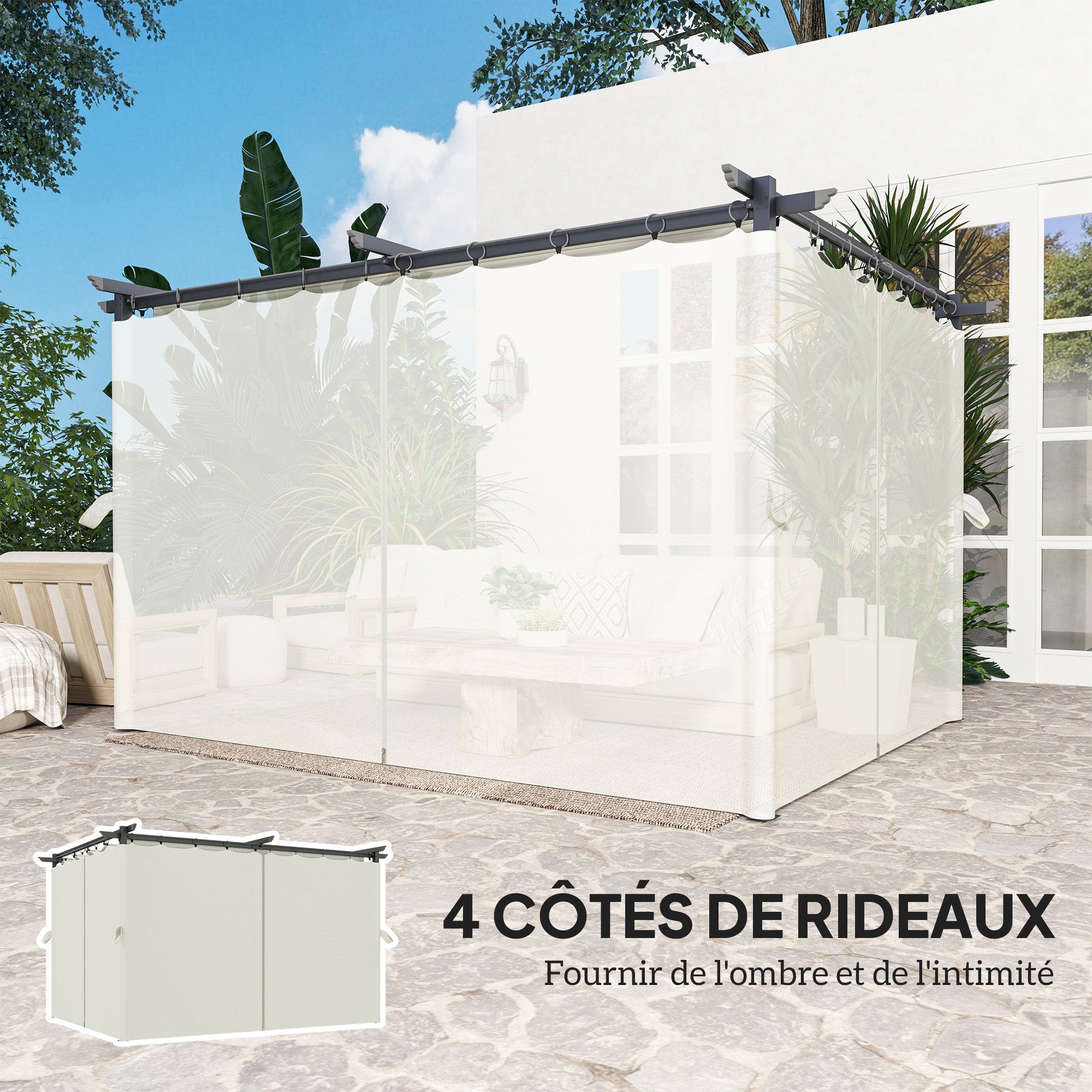 Pergola Garden Outdoor 3 x 4m Extendable Sliding Pavilion with Side Walls, Garden Gazebo, 180g/m² High-Density Polyester, Sun Protection UPF30+, for Patio, Cream