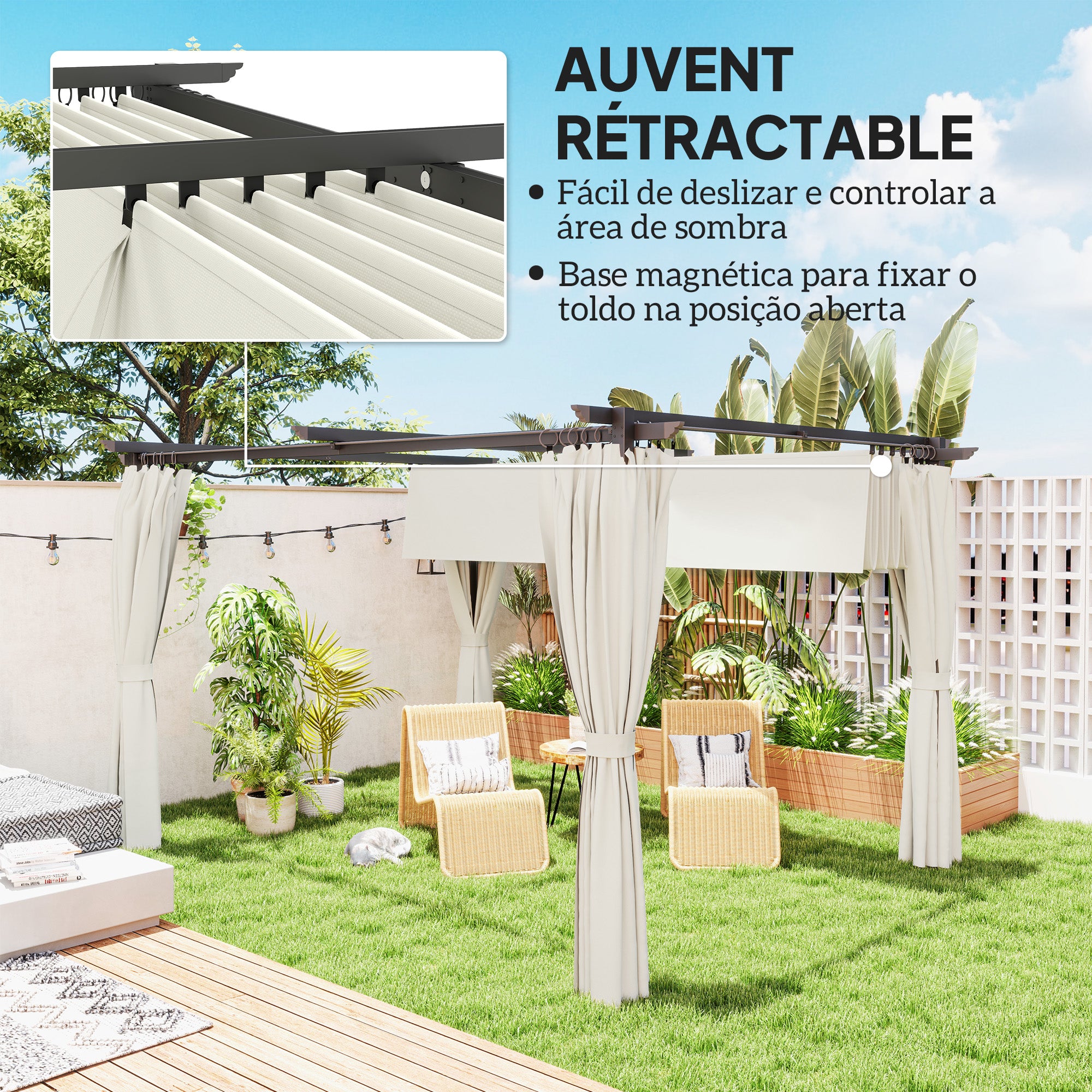 Pergola Garden Outdoor 3 x 4m Extendable Sliding Pavilion with Side Walls, Garden Gazebo, 180g/m² High-Density Polyester, Sun Protection UPF30+, for Patio, Cream