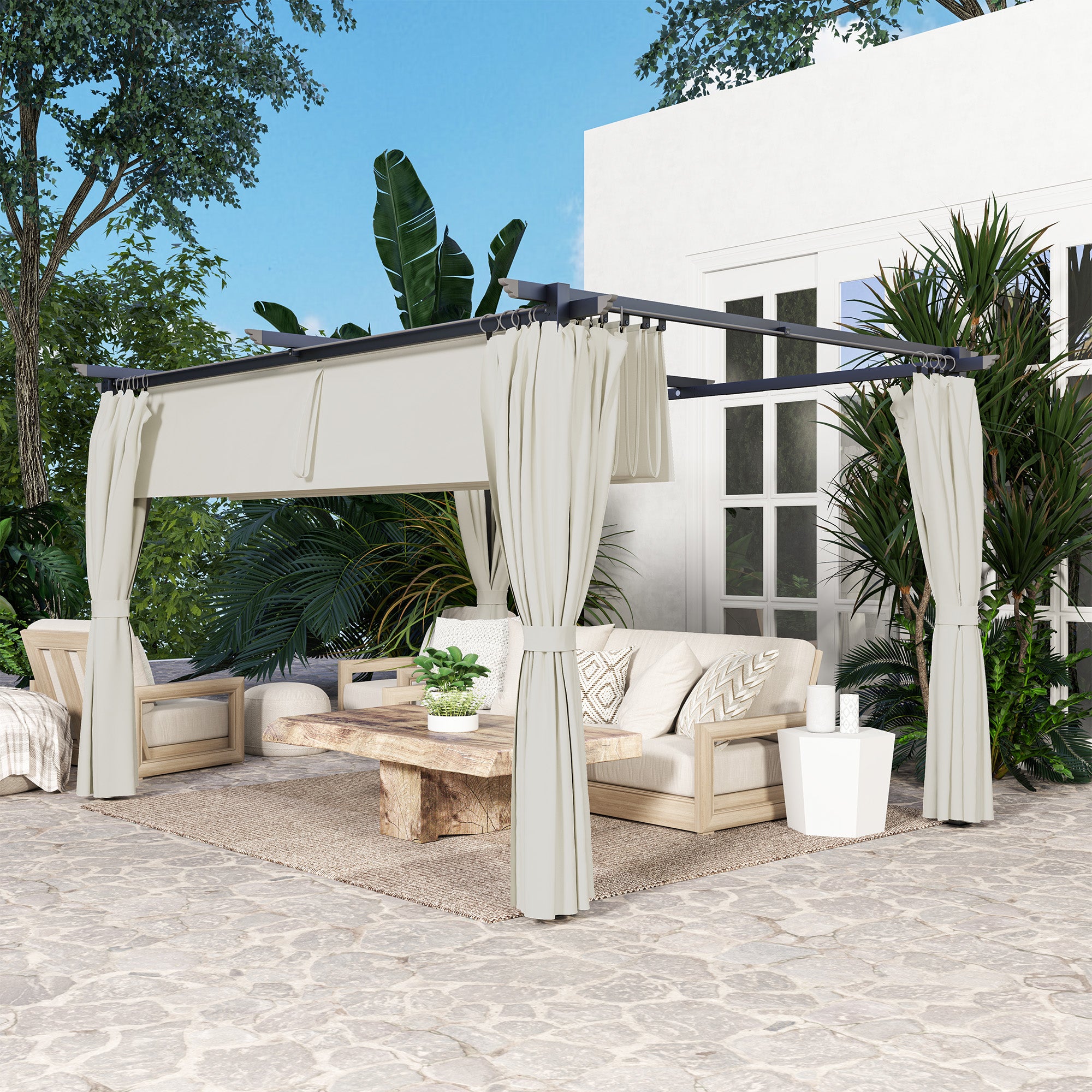 Pergola Garden Outdoor 3 x 4m Extendable Sliding Pavilion with Side Walls, Garden Gazebo, 180g/m² High-Density Polyester, Sun Protection UPF30+, for Patio, Cream