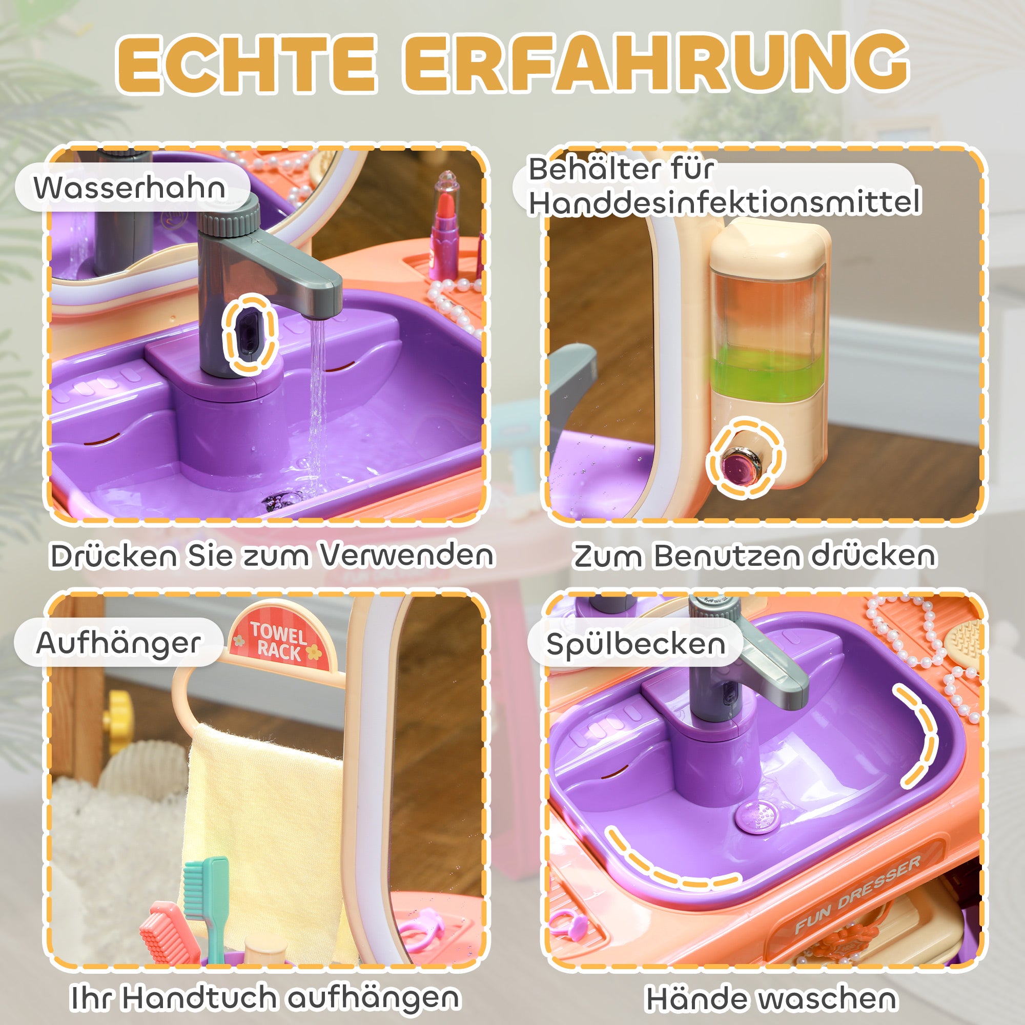 Children's Dressing Table with Mirror, LED Light, Music, Vanity Table with Faucet, Accessories for 3-6 Year Olds, Purple