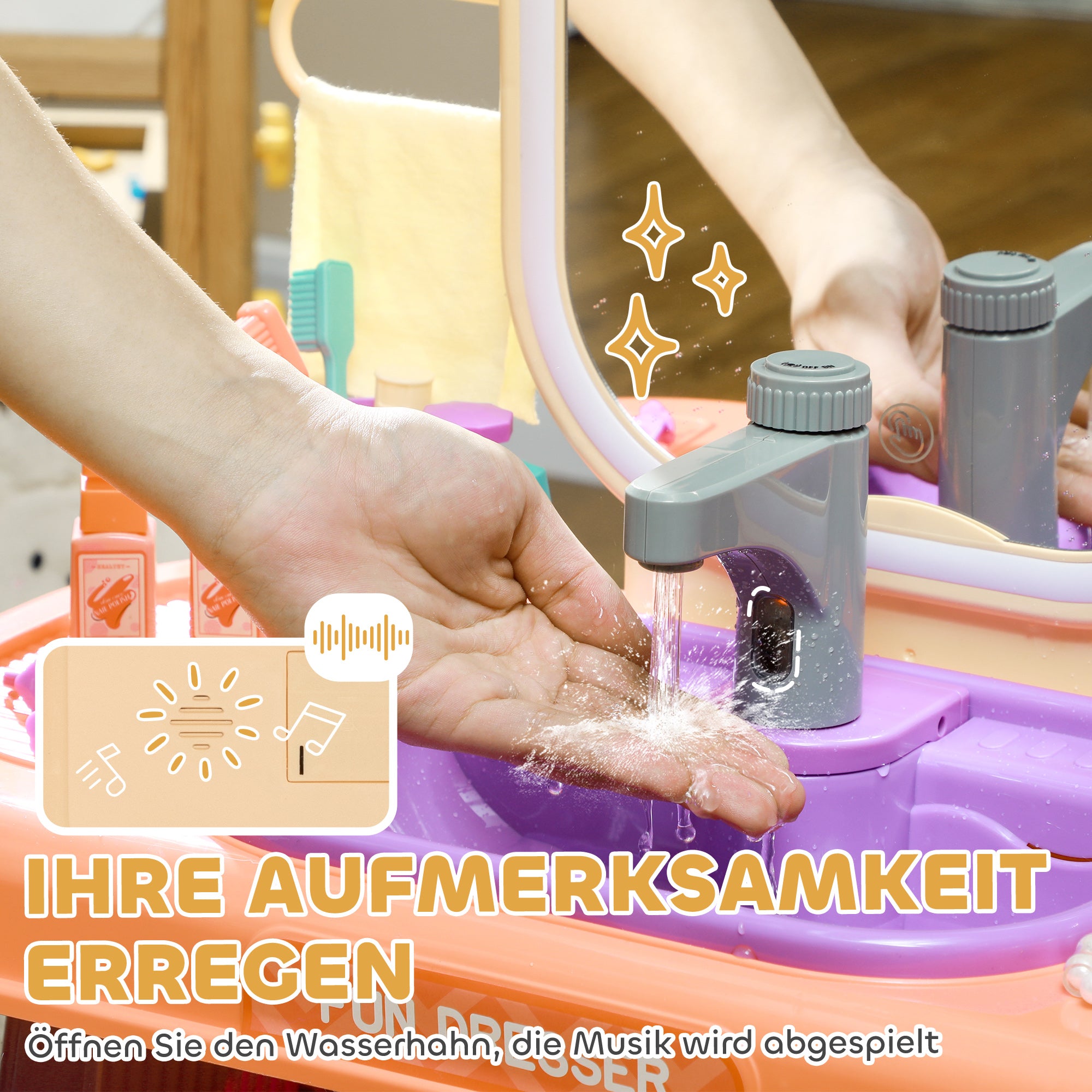 Children's Dressing Table with Mirror, LED Light, Music, Vanity Table with Faucet, Accessories for 3-6 Year Olds, Purple