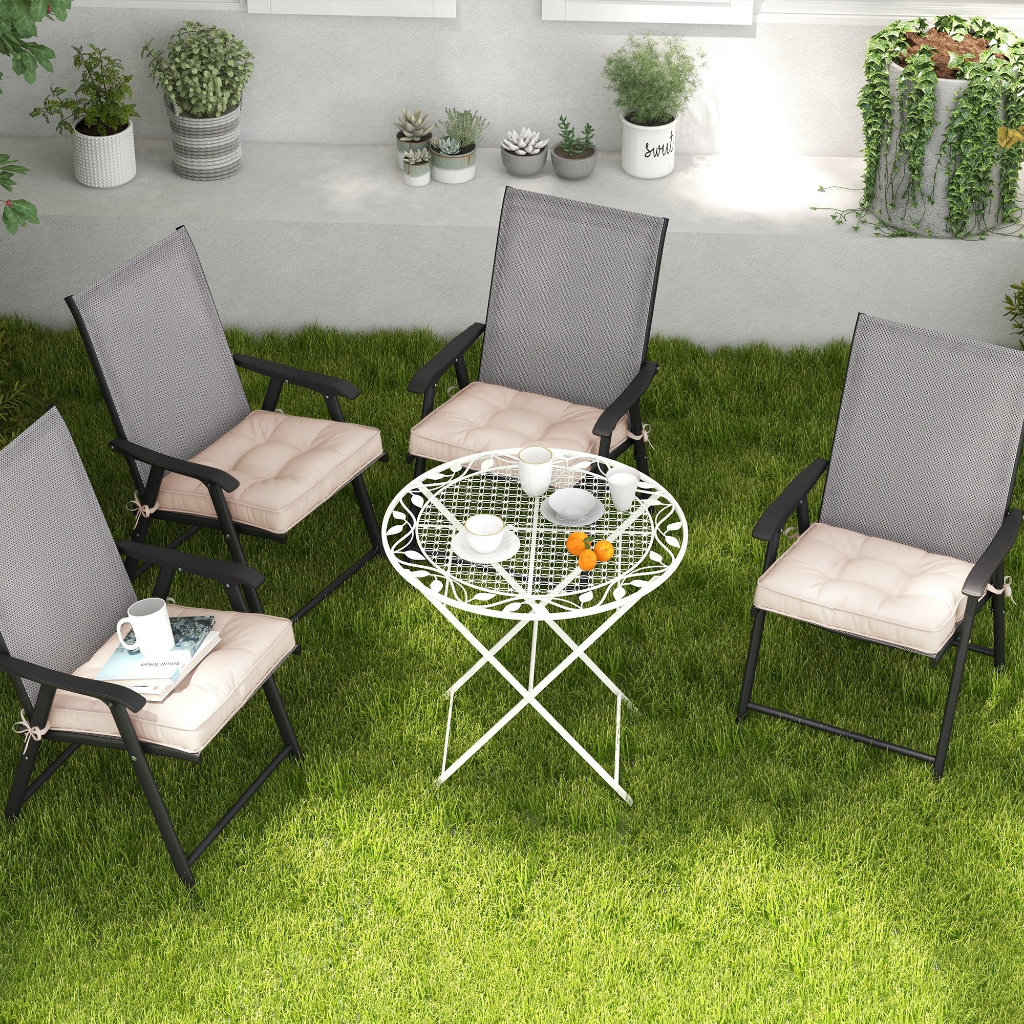 Dining Chair Cushion Set 42x42x5 cm Set of 4 Pieces Waterproof Garden Chair Cushions with 2 Fastening Ties Cream