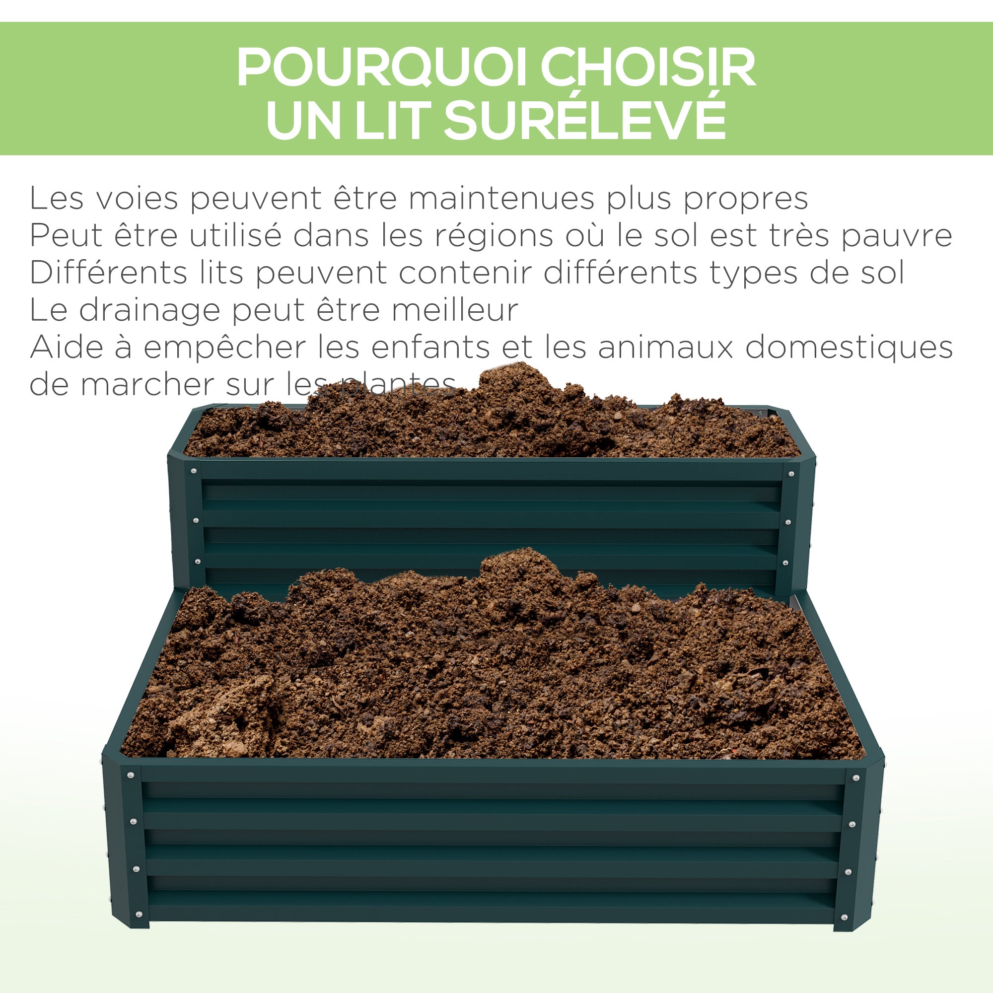 Square Garden Planter Raised Steel Garden Bed Open Bottom 2 Levels for Herbs Vegetables Fruits Flowers 120 x 101 x 58 cm green