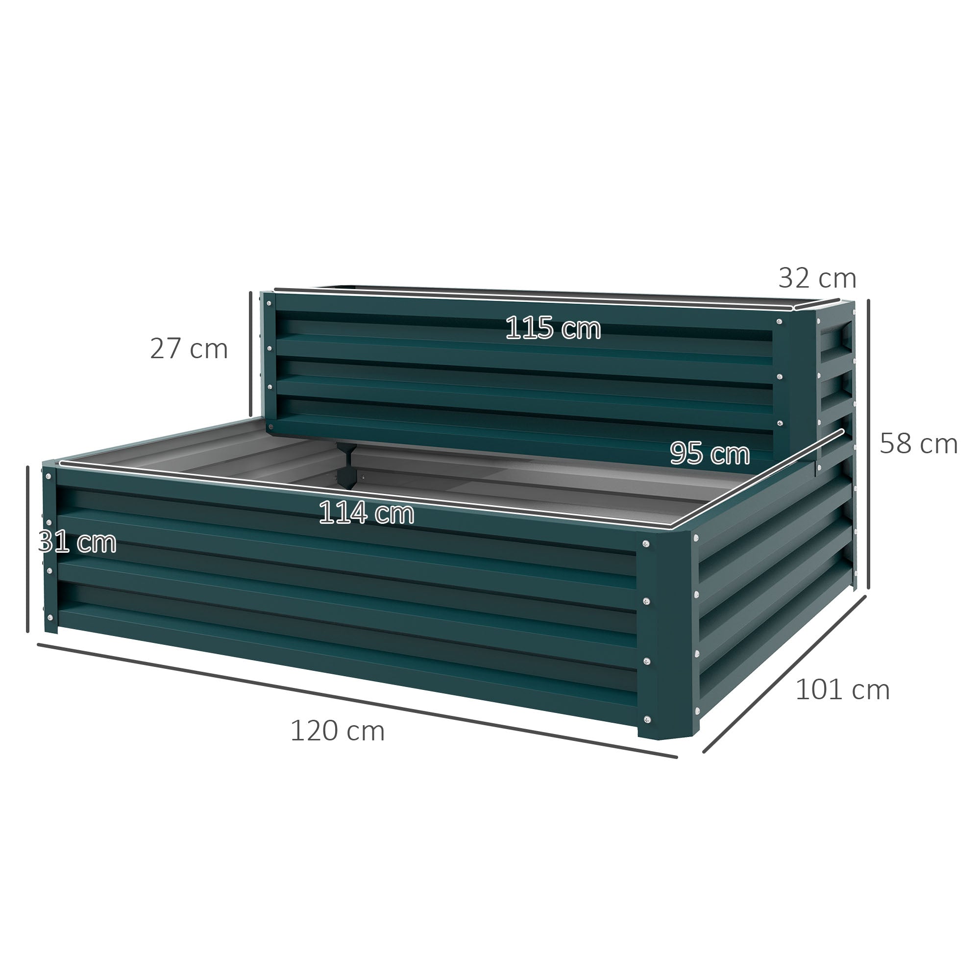 Square Garden Planter Raised Steel Garden Bed Open Bottom 2 Levels for Herbs Vegetables Fruits Flowers 120 x 101 x 58 cm green