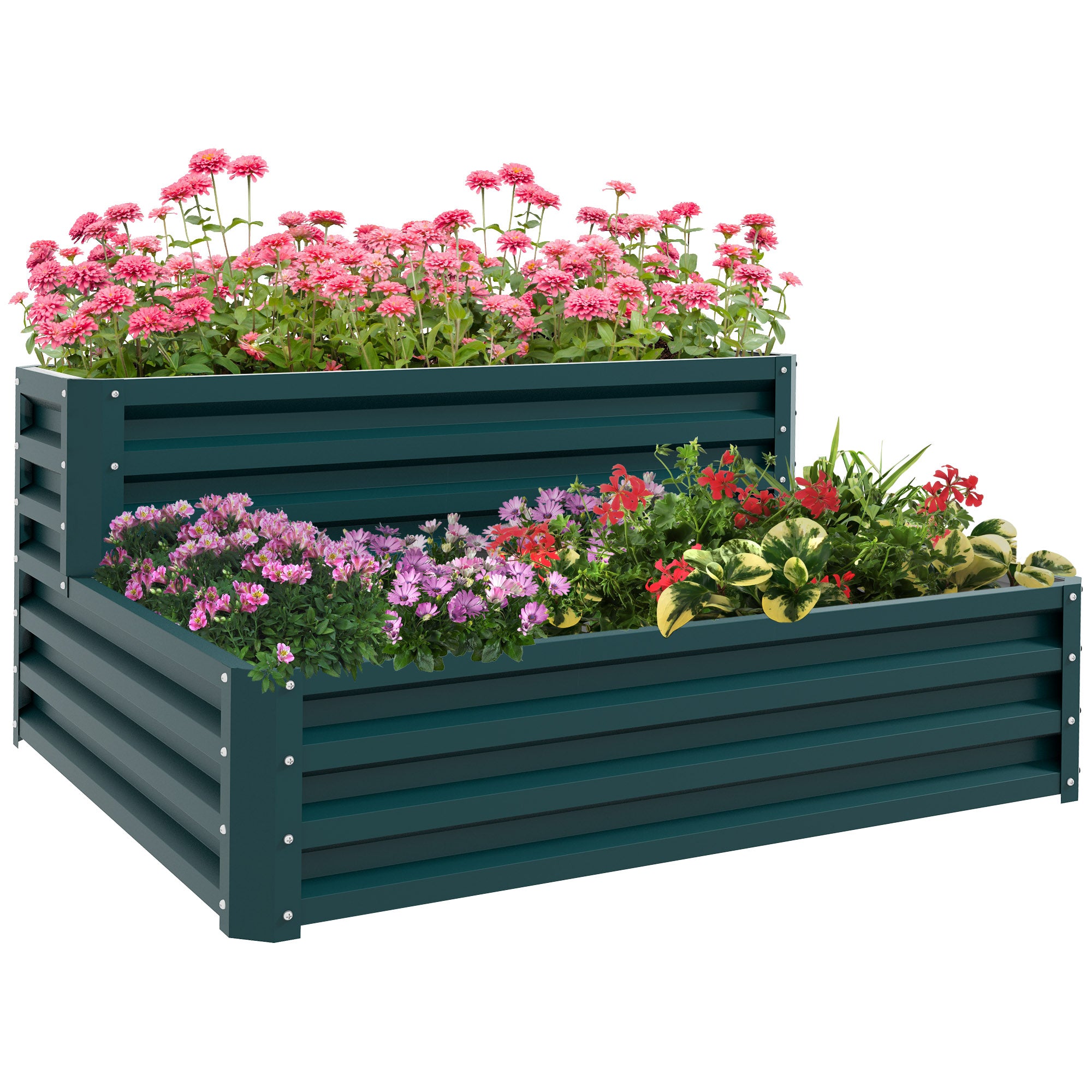 Square Garden Planter Raised Steel Garden Bed Open Bottom 2 Levels for Herbs Vegetables Fruits Flowers 120 x 101 x 58 cm green