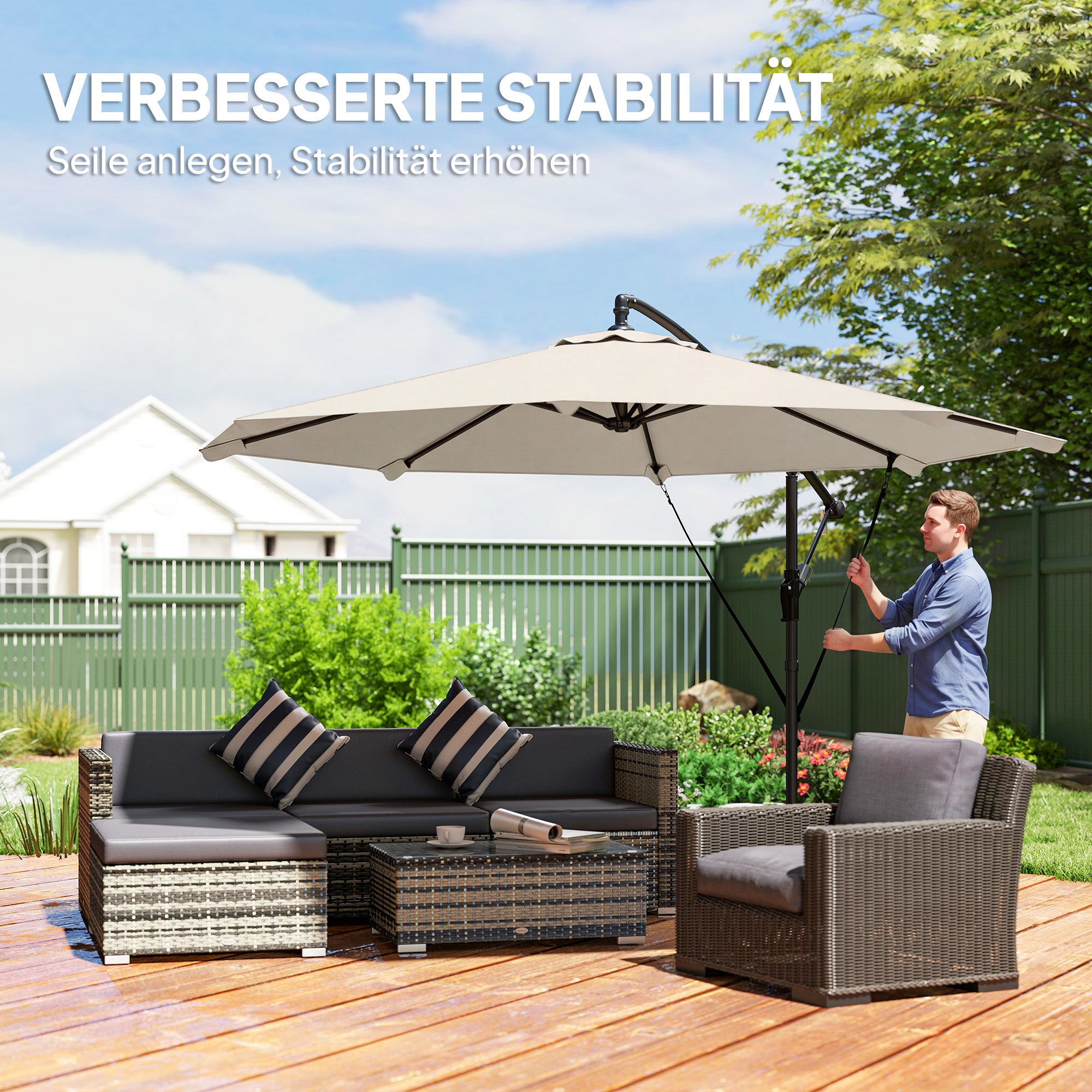 Cantilever Umbrella ~ Ø3.0 m | Tiltable Patio Parasol with Crank, Cross Base, Guy Ropes & Cover, UV-Resistant, Water-Repellent – Cream White