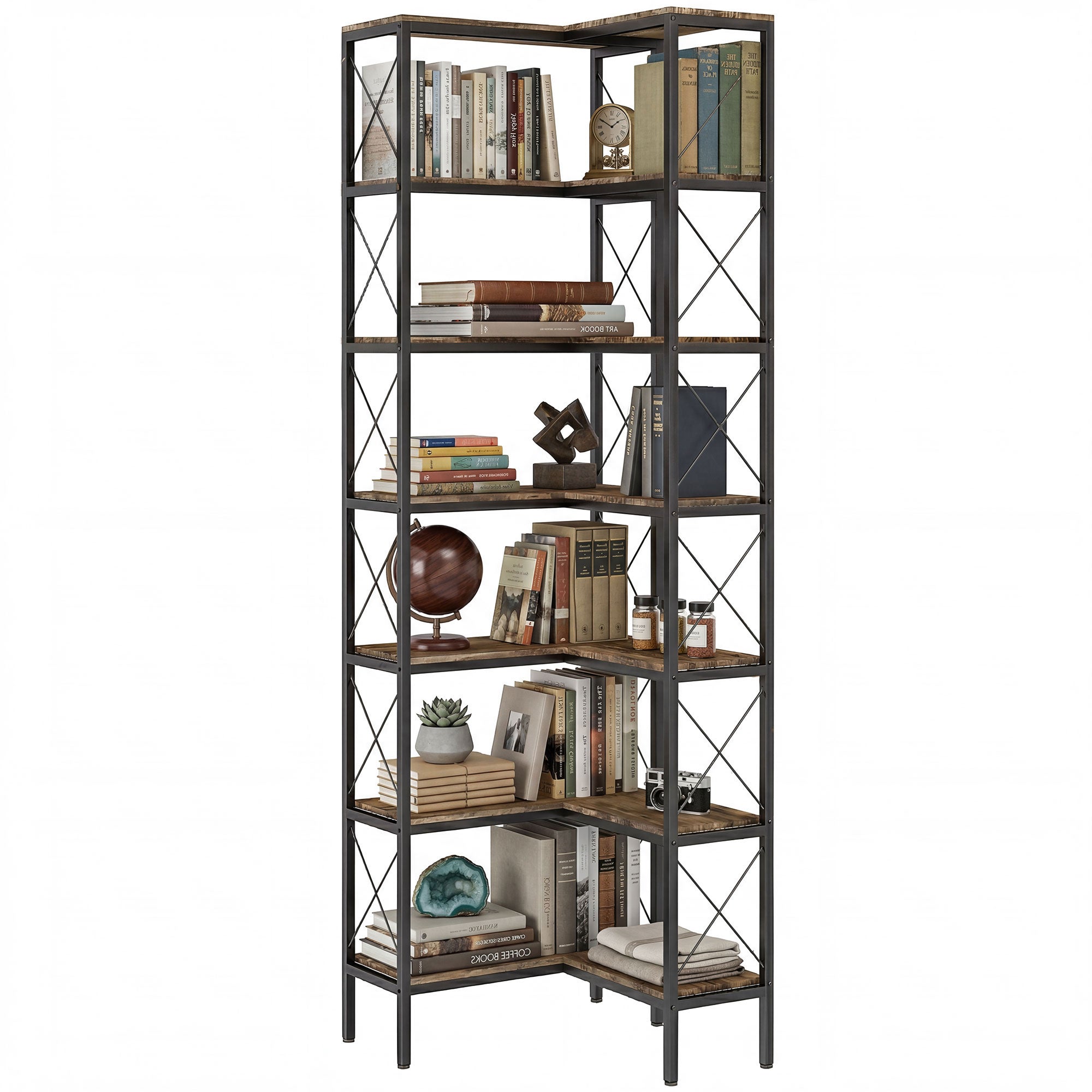 6-Tier L-Shaped Corner Bookshelf, Freestanding Metal Frame for Living Room, Office, Bedroom, 60 x 60 x 200 cm (23.6 x 23.6 x 78.7 in), Rustic Brown