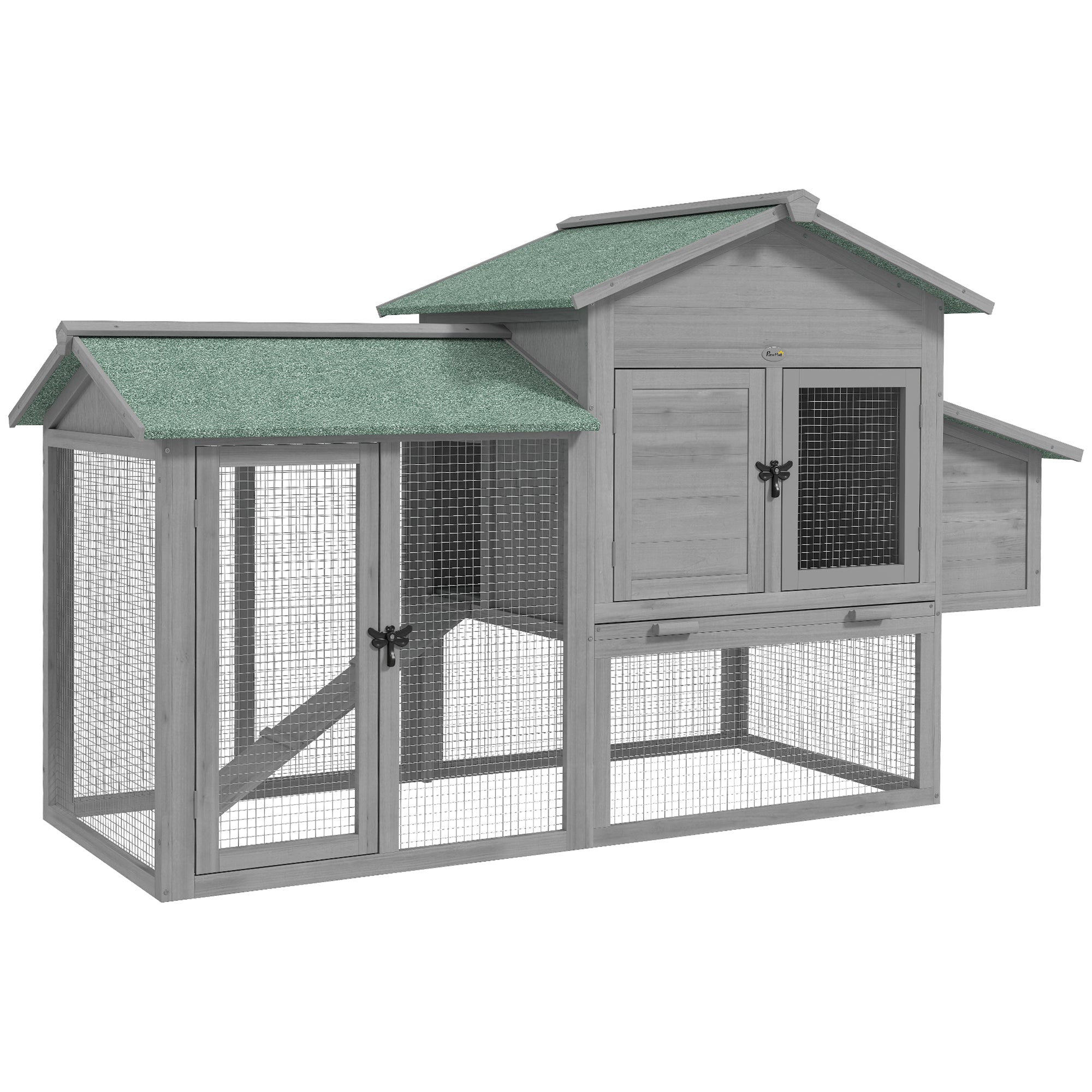 Wooden Chicken Coop with Run, 168 x 75 x 103 cm (66.1 x 29.5 x 40.6 in) — Nest Box, Ramp & Pull-Out Tray, Asphalt Roof — Gray/Green, Fits 2–4 Chickens