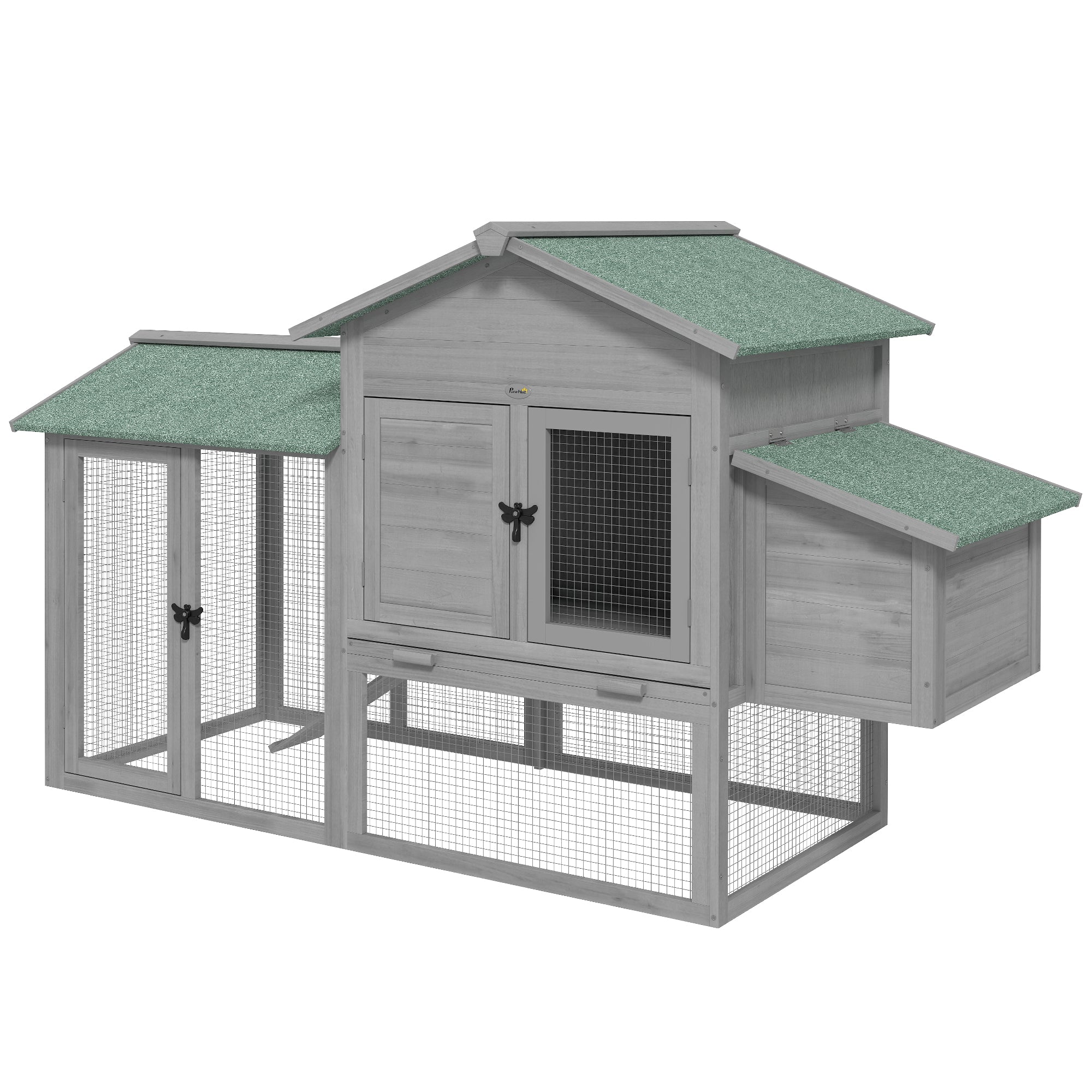 Wooden Chicken Coop with Run, 168 x 75 x 103 cm (66.1 x 29.5 x 40.6 in) — Nest Box, Ramp & Pull-Out Tray, Asphalt Roof — Gray/Green, Fits 2–4 Chickens