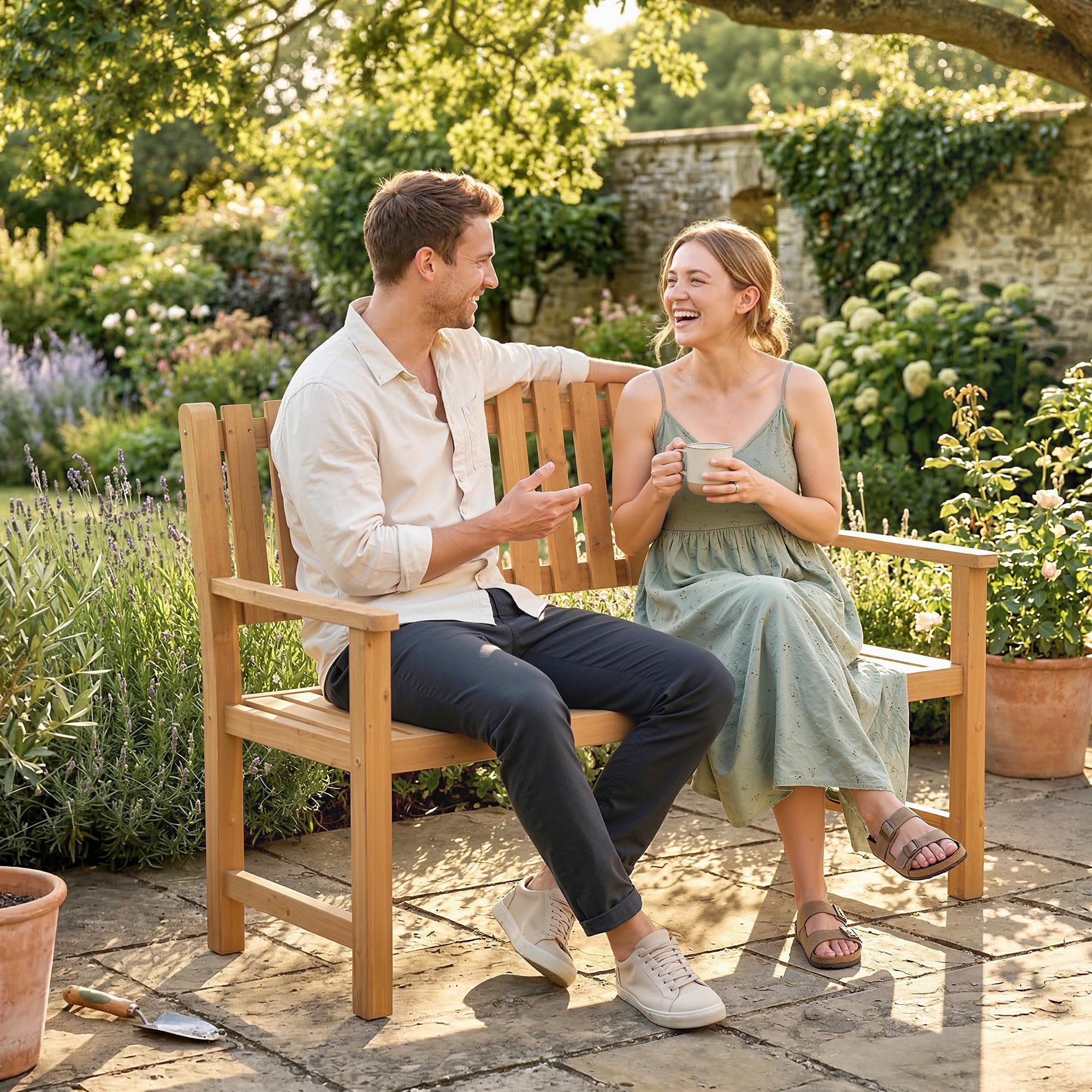 2-Seater Garden Bench | FSC Acacia Wood Slatted Seat with Armrests | Supports up to 320 kg (≈705 lb) | 112 x 64 x 92 cm (44.1 x 25.2 x 36.2 in) | Natural
