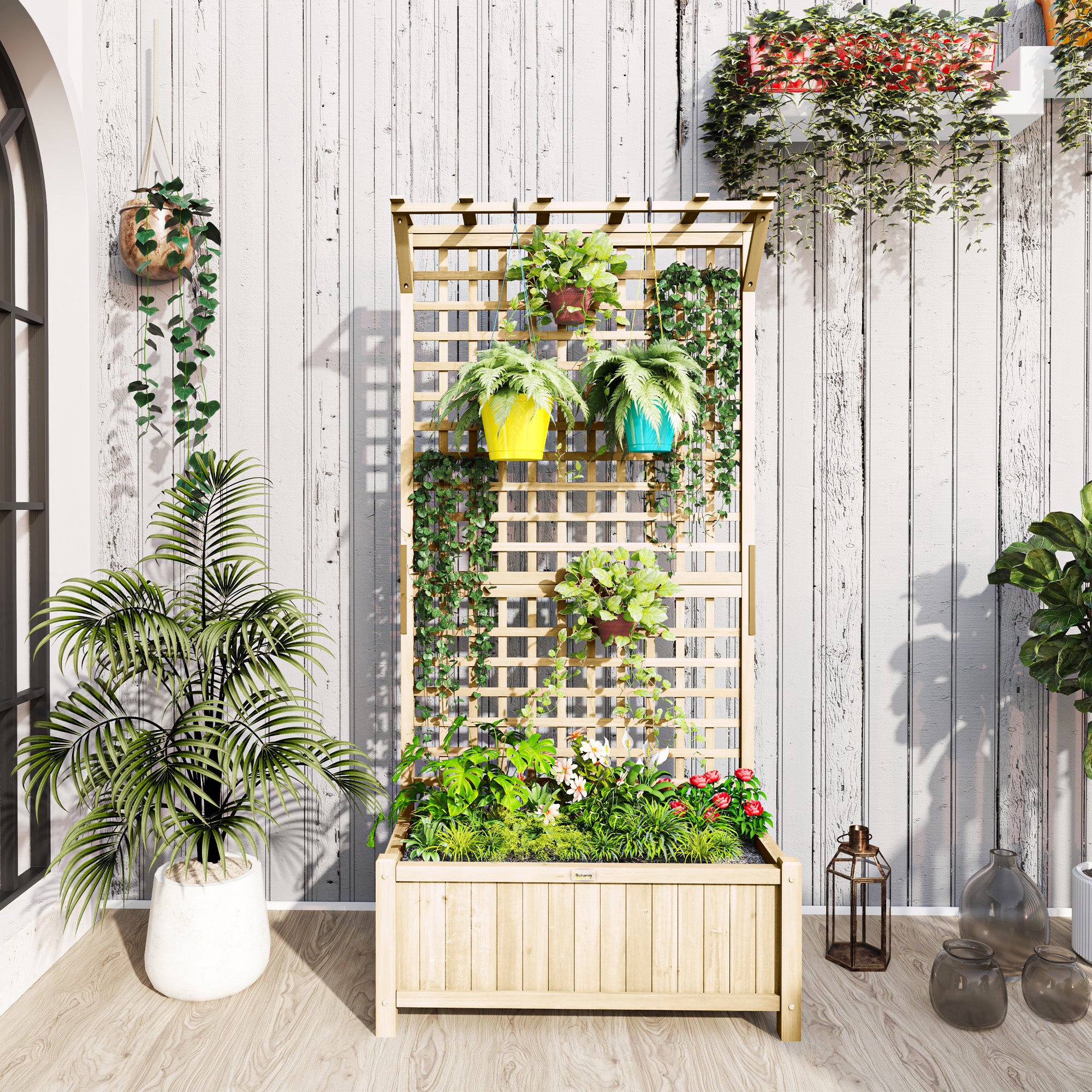 Raised Planter Box with Trellis & Roof, Wooden Garden Planter for Climbing Plants, 90 x 45 x 183 cm (35.4" x 17.7" x 72.0")