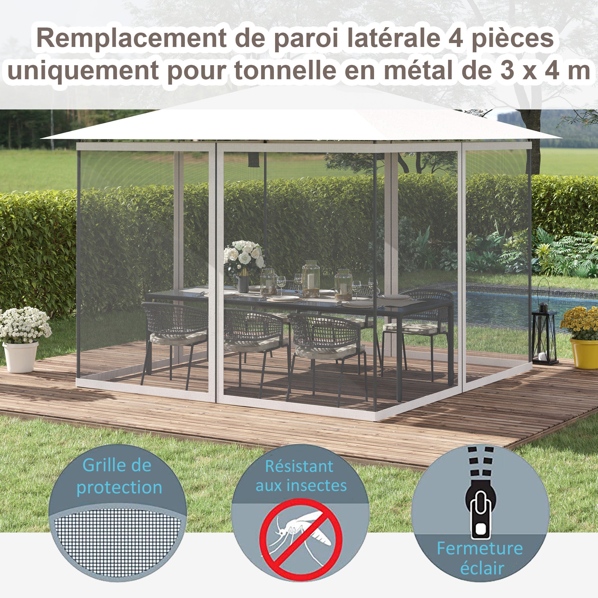 Mosquito Nets for Gazebo Marquee Garden Pavilion 3 x 4 m - set of 4 zippered mosquito nets + attachment hooks - polyester nylon