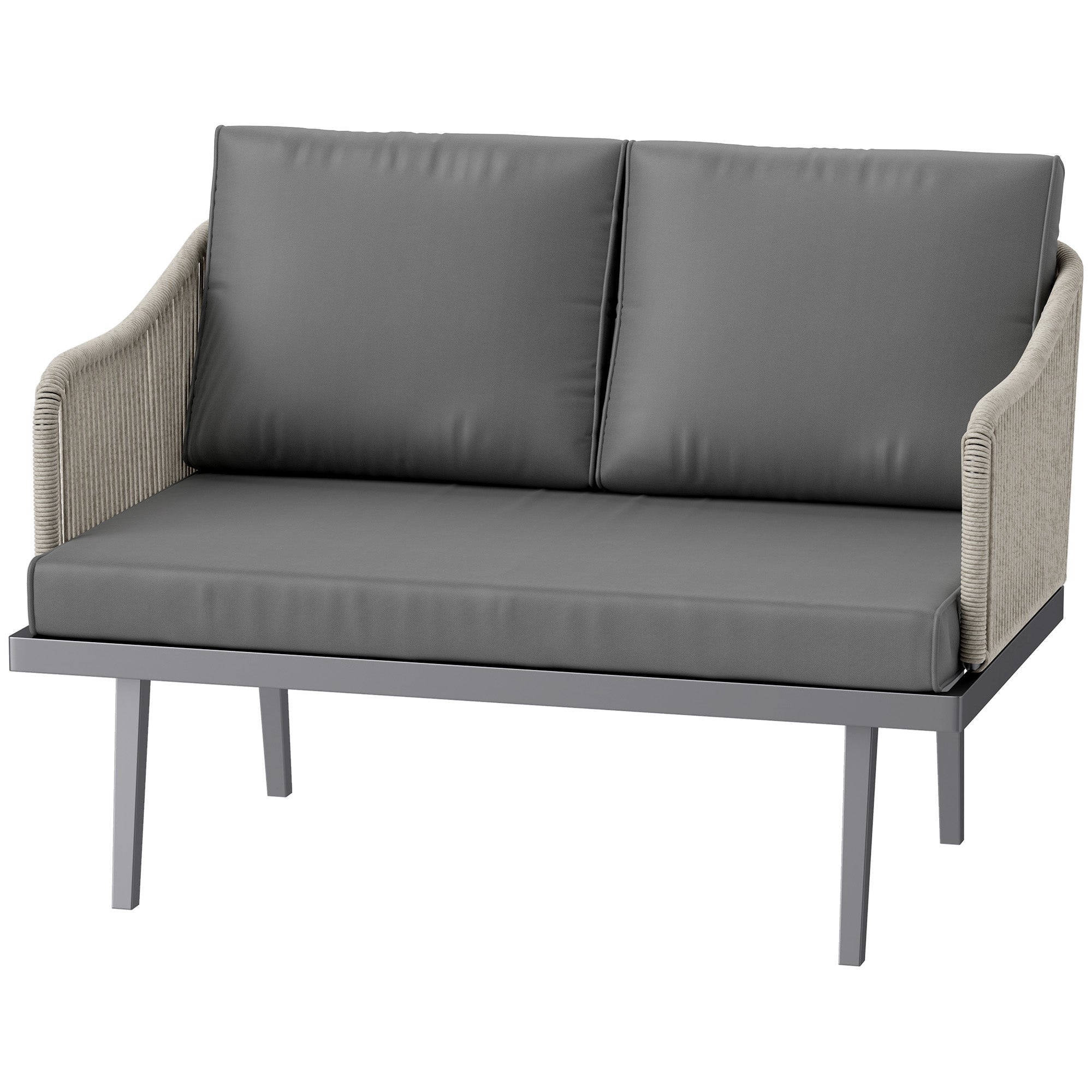 2-Seater Rattan Garden Sofa with Cushions, Outdoor Sofa with Armrests, Steel Frame for Garden, Dark Grey