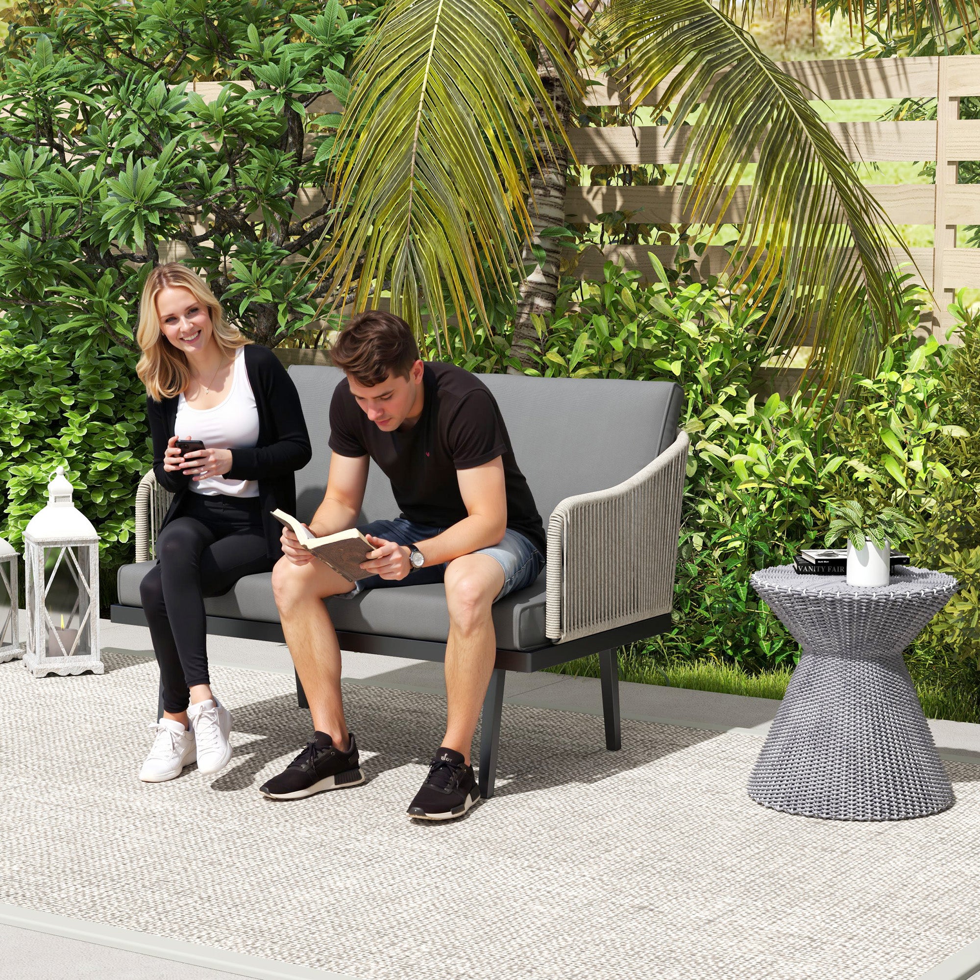 2-Seater Rattan Garden Sofa with Cushions, Outdoor Sofa with Armrests, Steel Frame for Garden, Dark Grey