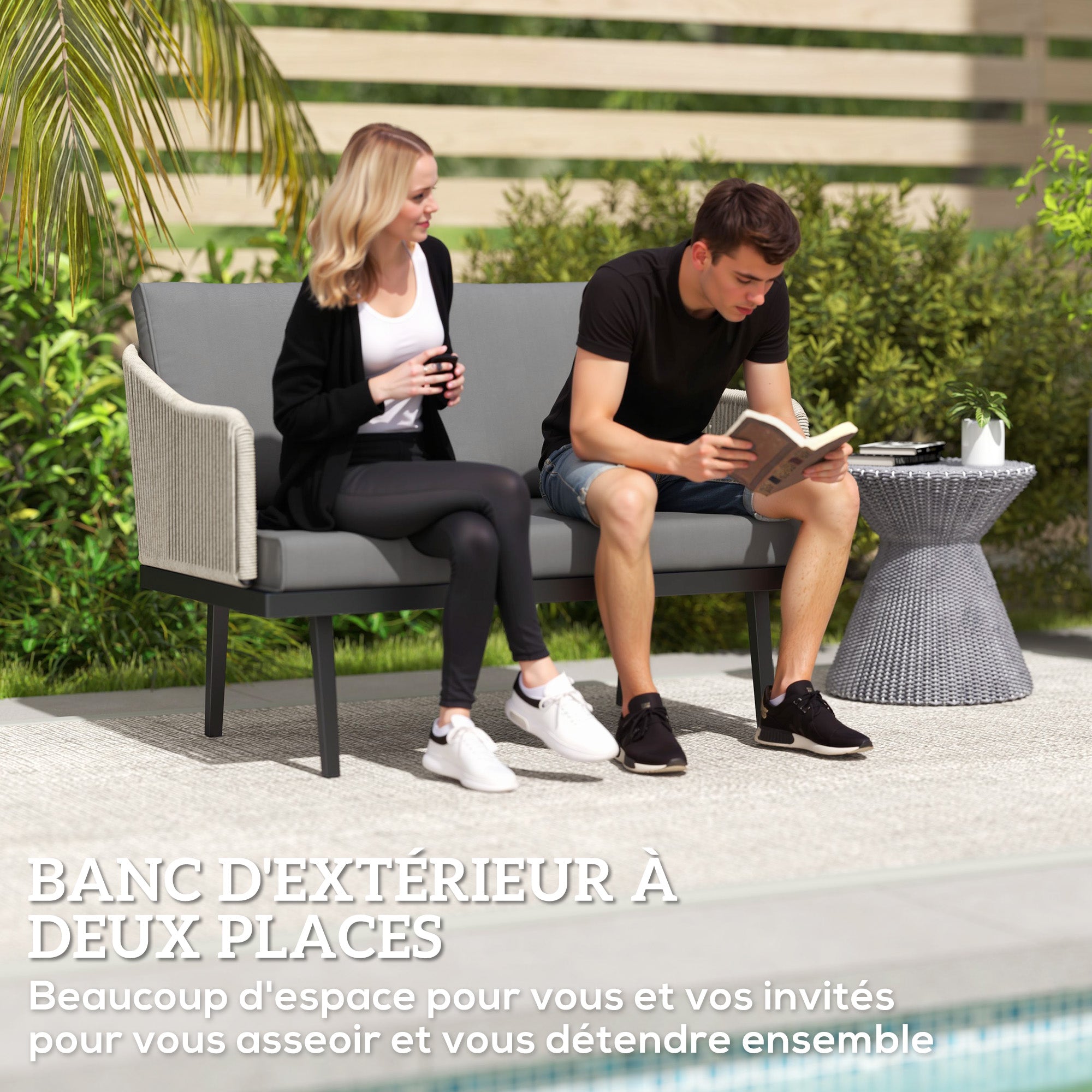 2-Seater Rattan Garden Sofa with Cushions, Outdoor Sofa with Armrests, Steel Frame for Garden, Dark Grey