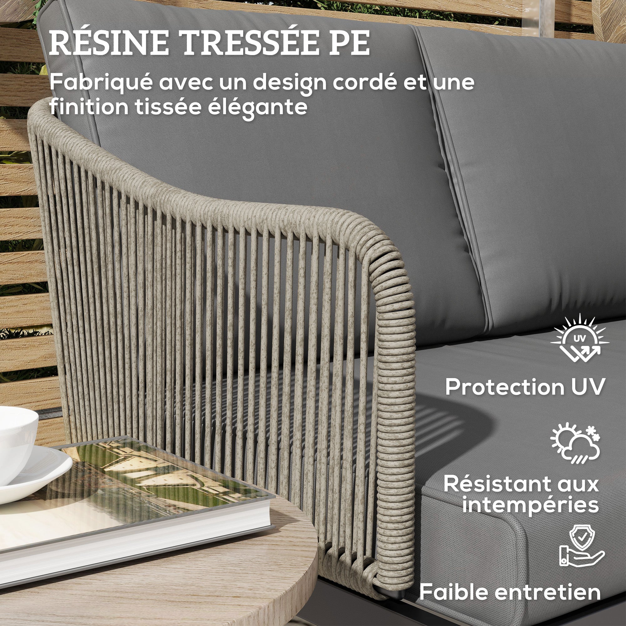 2-Seater Rattan Garden Sofa with Cushions, Outdoor Sofa with Armrests, Steel Frame for Garden, Dark Grey