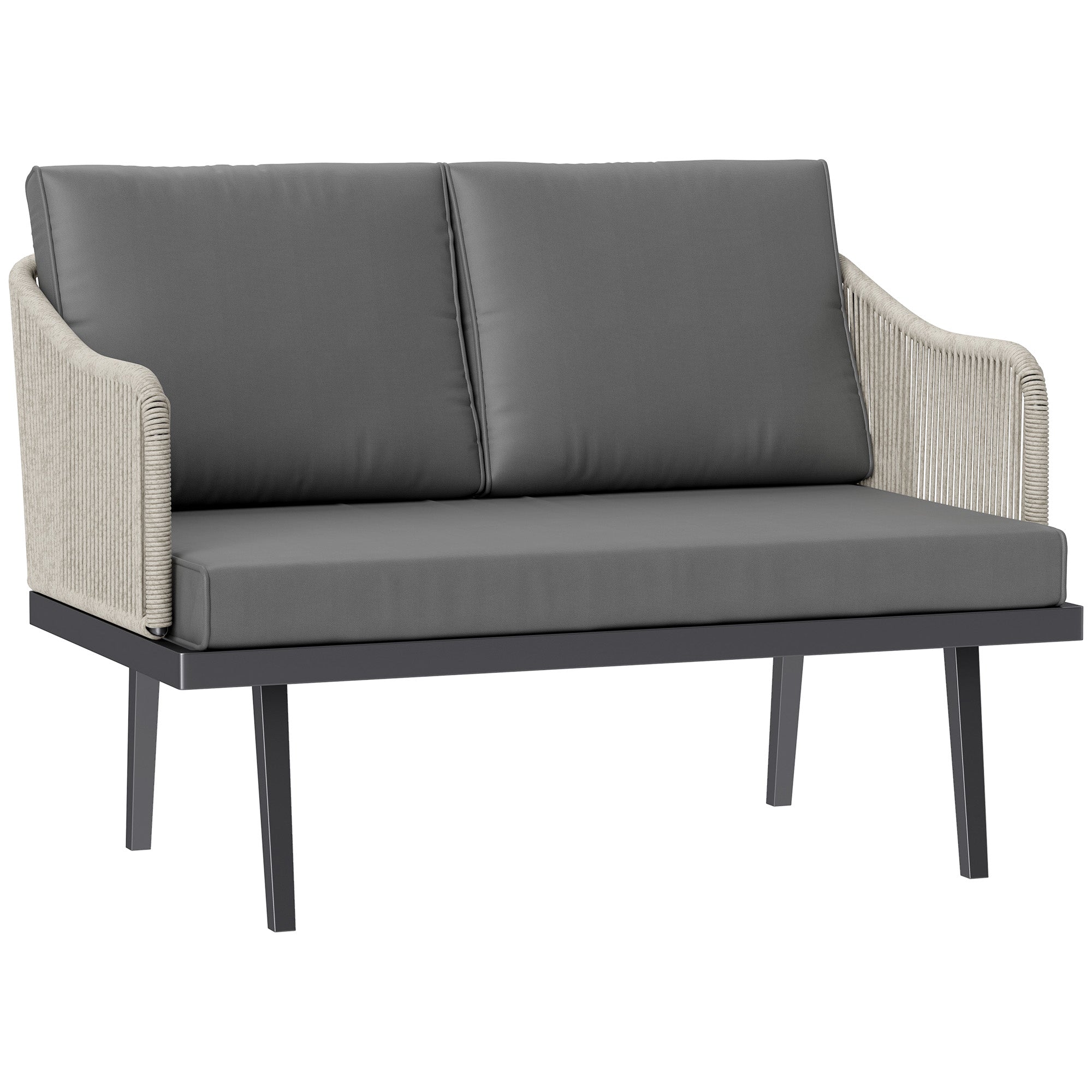 2-Seater Rattan Garden Sofa with Cushions, Outdoor Sofa with Armrests, Steel Frame for Garden, Dark Grey