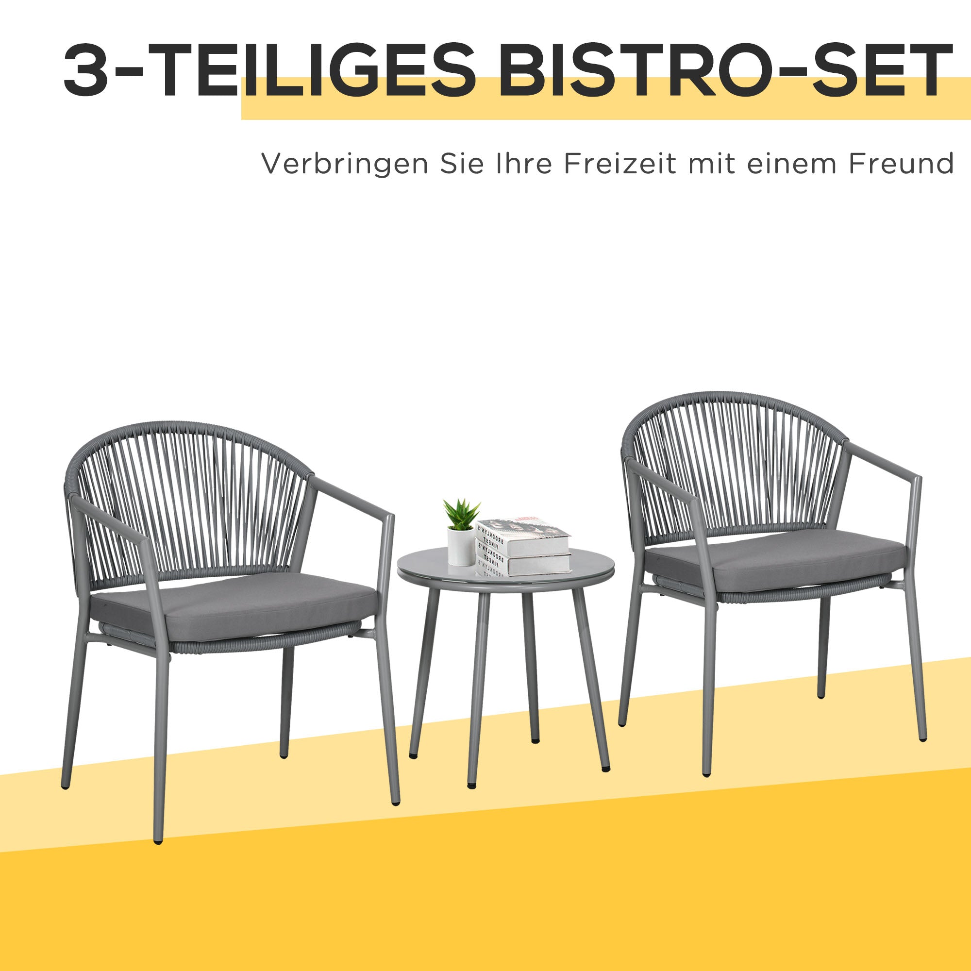 3-Piece Rattan Bistro Set, Seating Group, Garden Furniture with 2 Garden Chairs, Coffee Table, Balcony Furniture Set for Garden, Terrace, Steel, Gray