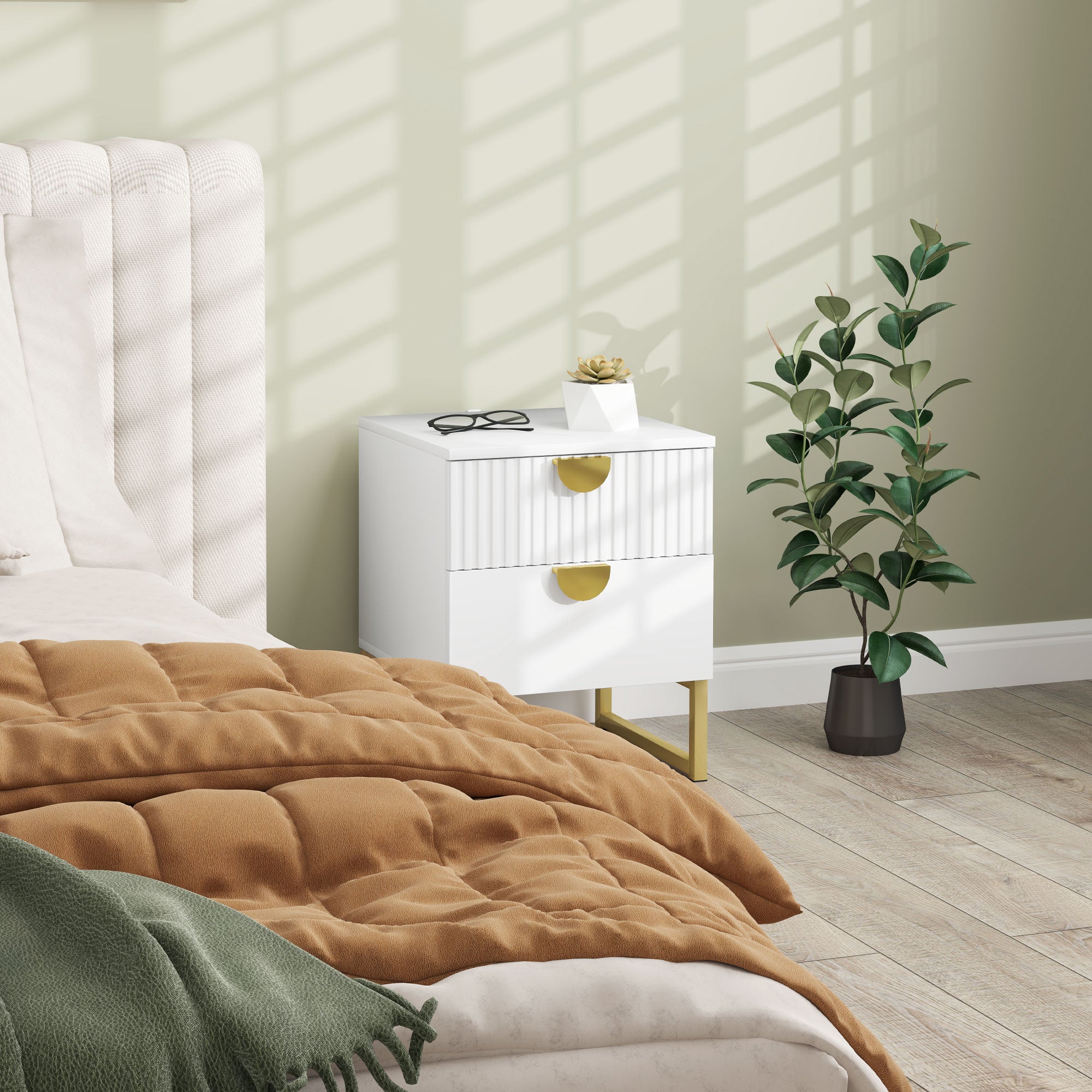 Nightstand with 2 Drawers, Side Table, Bedside Table with Gold-look Handles, Bedside Table for Bedroom, Living Room, 40 x 40 x 50 cm, White