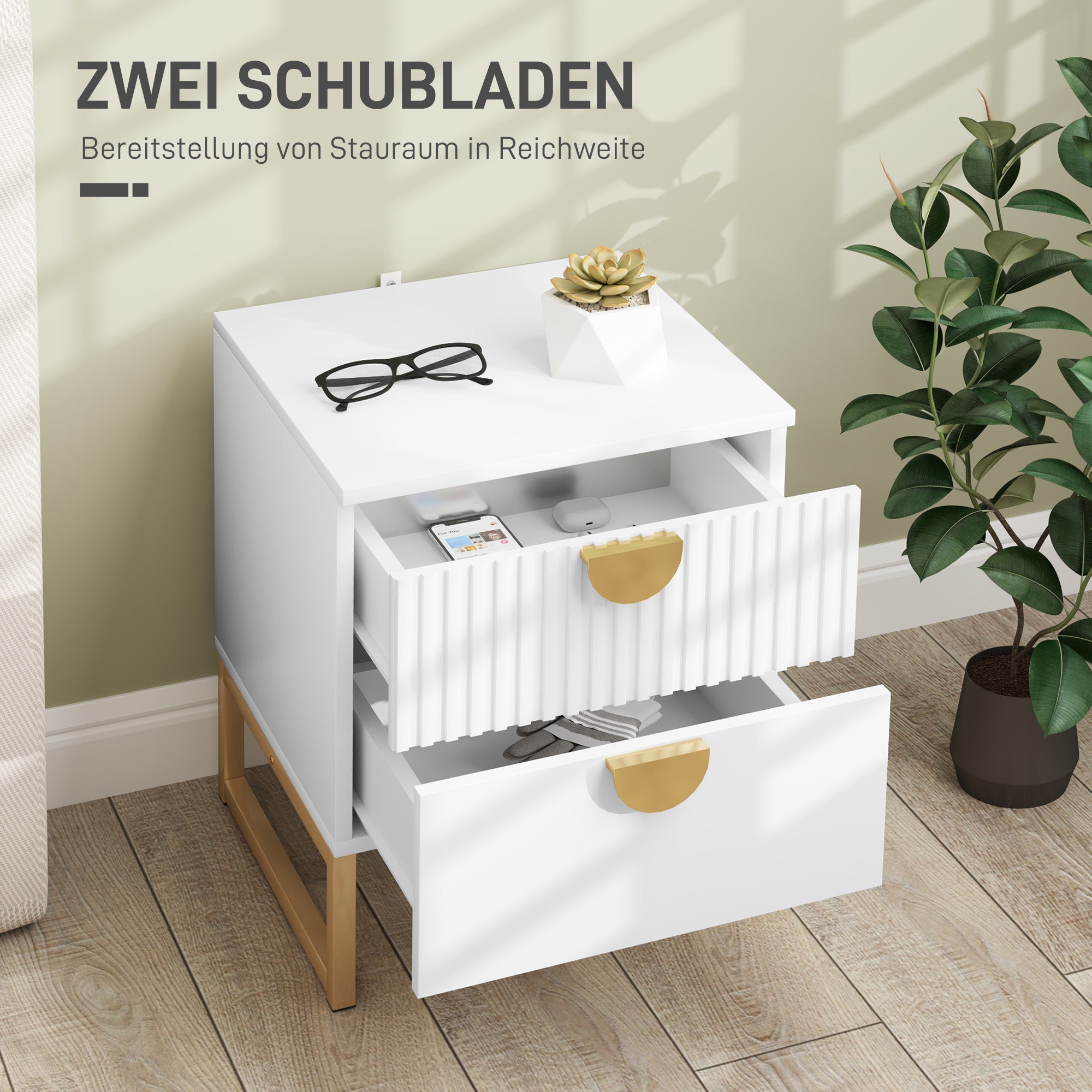 Nightstand with 2 Drawers, Side Table, Bedside Table with Gold-look Handles, Bedside Table for Bedroom, Living Room, 40 x 40 x 50 cm, White
