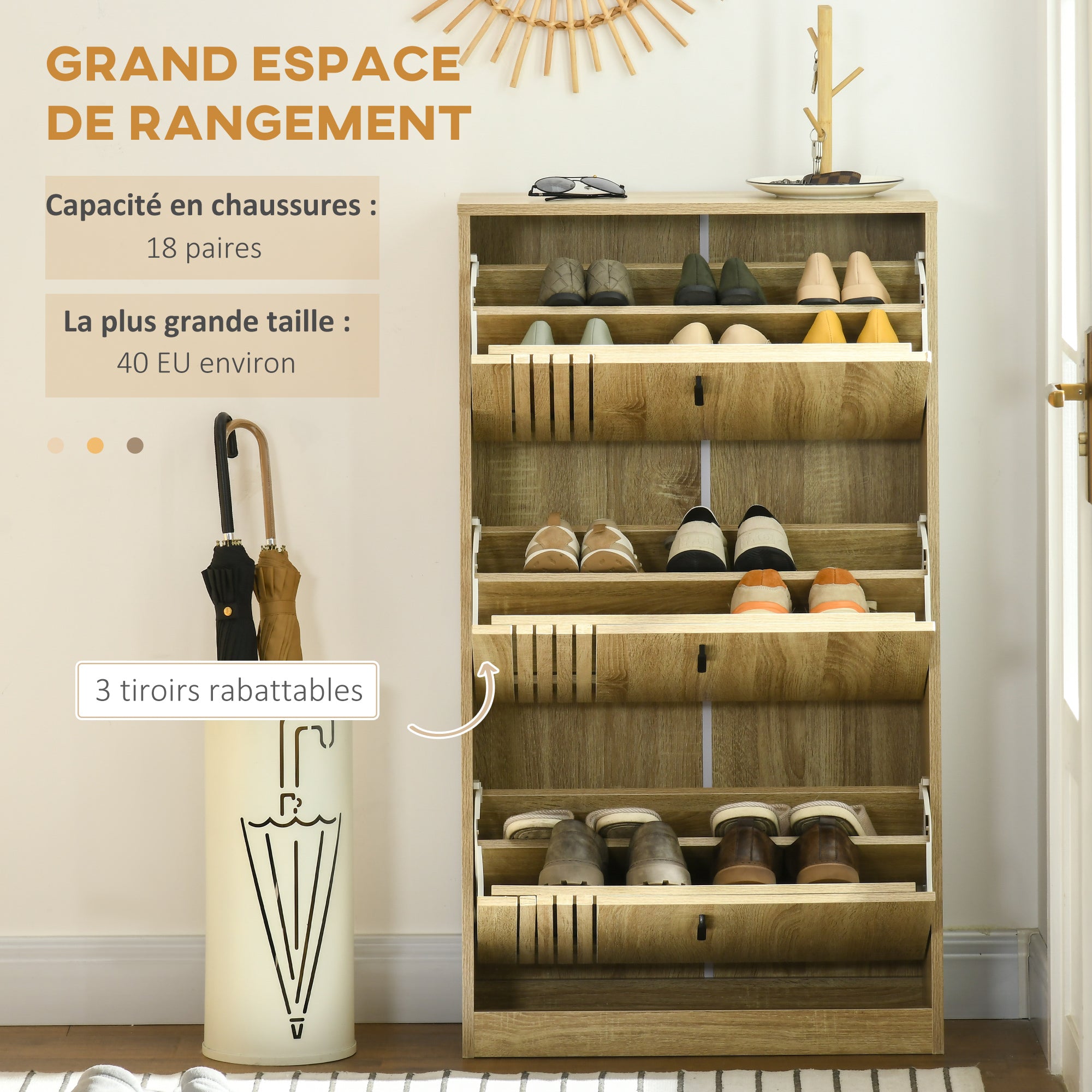 3-Flap Shoe Cabinet, 18 Pairs, 3-Compartment Shoe Cabinet, Large Capacity for Entryway, Hallway, Living Room, 63 x 24 x 117 cm, Oak