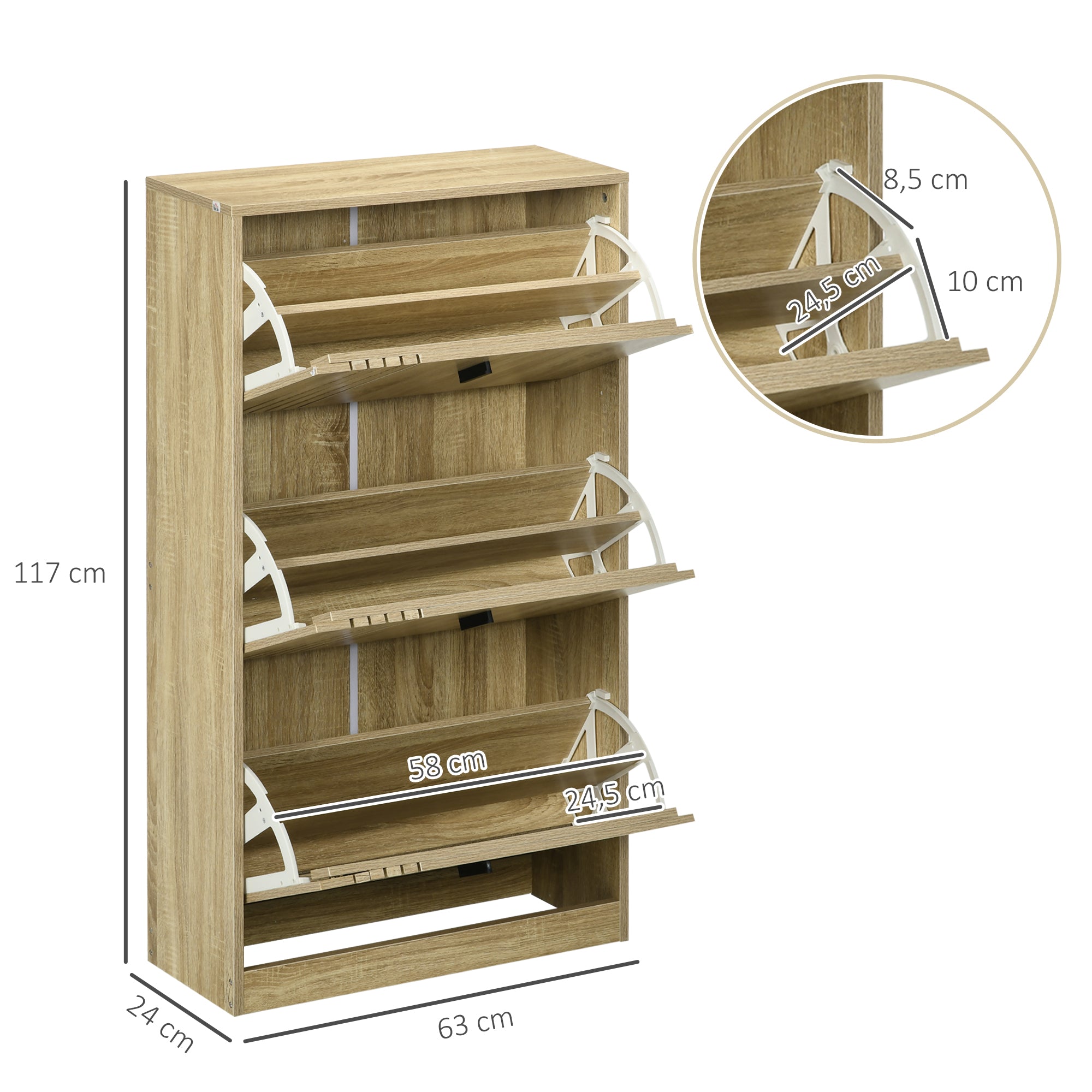 3-Flap Shoe Cabinet, 18 Pairs, 3-Compartment Shoe Cabinet, Large Capacity for Entryway, Hallway, Living Room, 63 x 24 x 117 cm, Oak