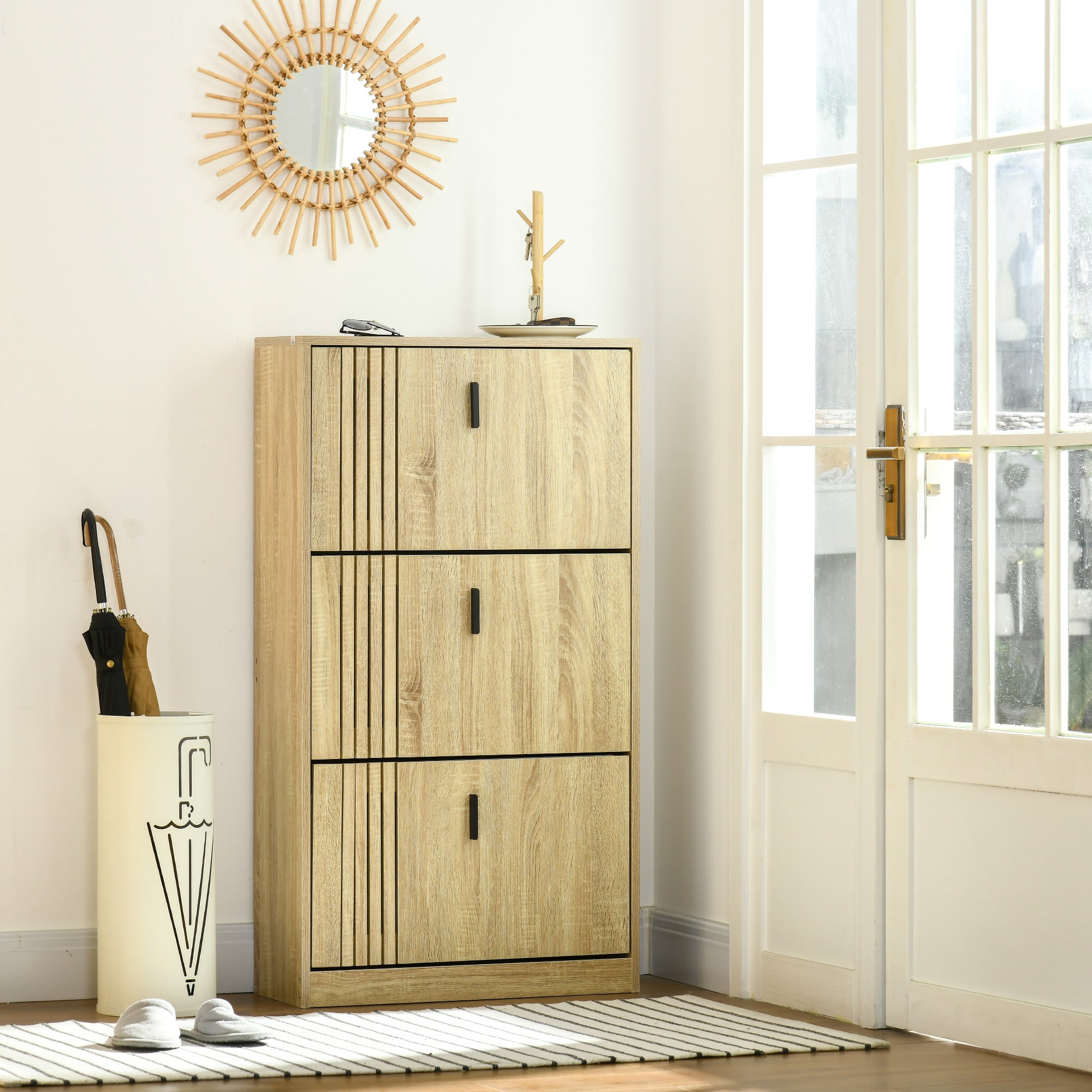 3-Flap Shoe Cabinet, 18 Pairs, 3-Compartment Shoe Cabinet, Large Capacity for Entryway, Hallway, Living Room, 63 x 24 x 117 cm, Oak
