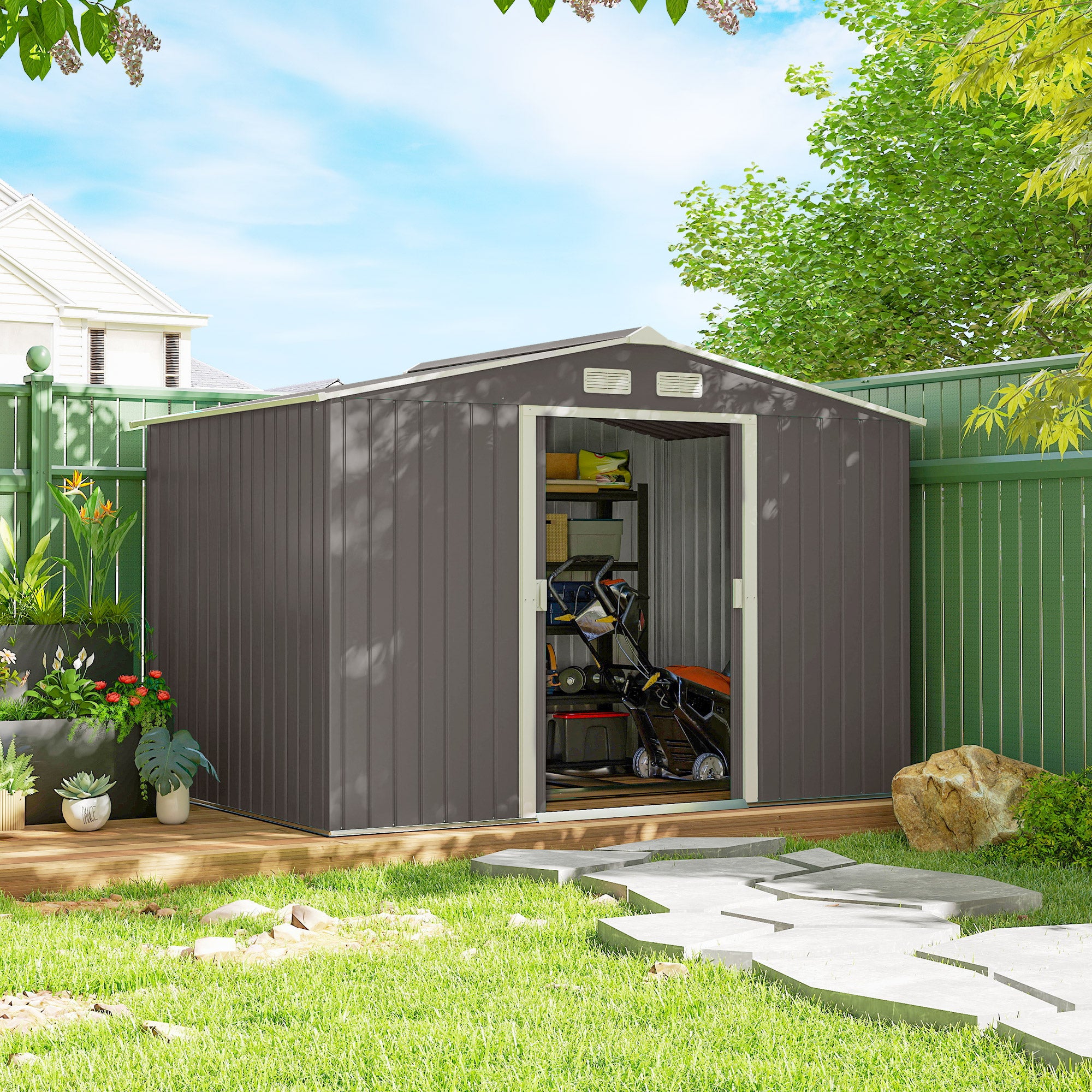 Tool Shed 4.9 m², Garden Shed with Pent Roof, Sliding Door, Foundation, 277 x 195 x 192 cm, Tool Shed Made of Galvanized Steel, Weatherproof, for Garden, Gray
