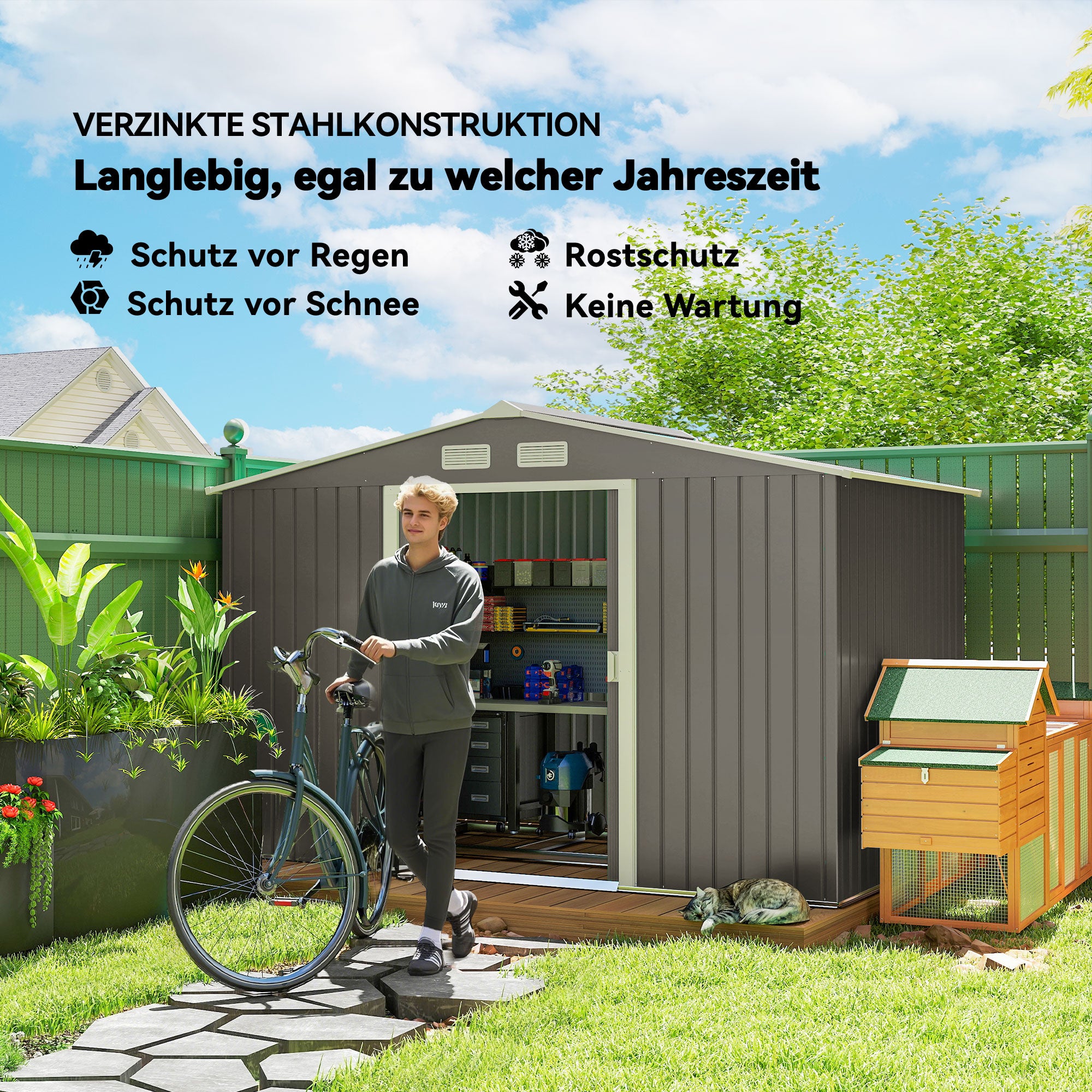 Tool Shed 4.9 m², Garden Shed with Pent Roof, Sliding Door, Foundation, 277 x 195 x 192 cm, Tool Shed Made of Galvanized Steel, Weatherproof, for Garden, Gray
