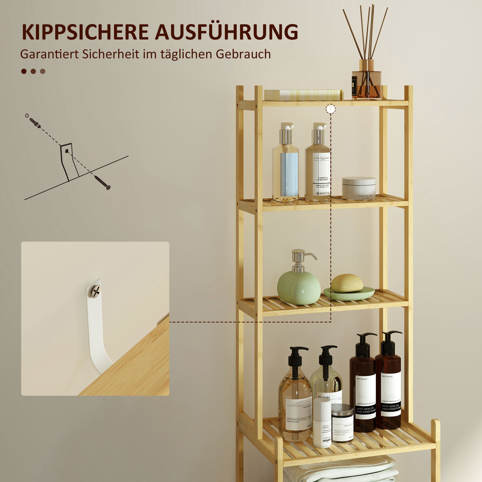 Bathroom Shelf, 7-Tier Standing Shelf Storage Rack made of Bamboo for Living room, Bathroom, Natural, 44 x 33 x 180 cm