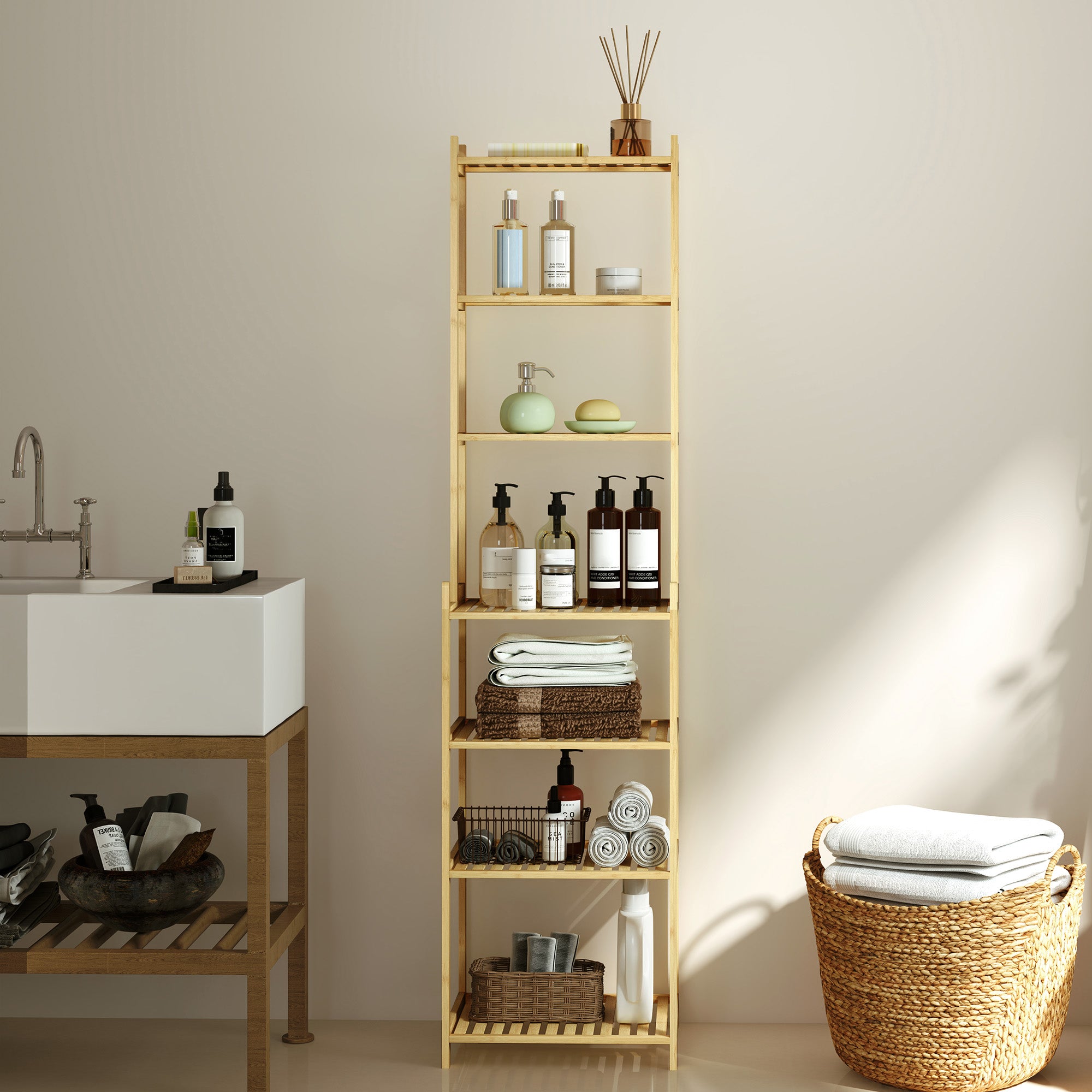 Bathroom Shelf, 7-Tier Standing Shelf Storage Rack made of Bamboo for Living room, Bathroom, Natural, 44 x 33 x 180 cm