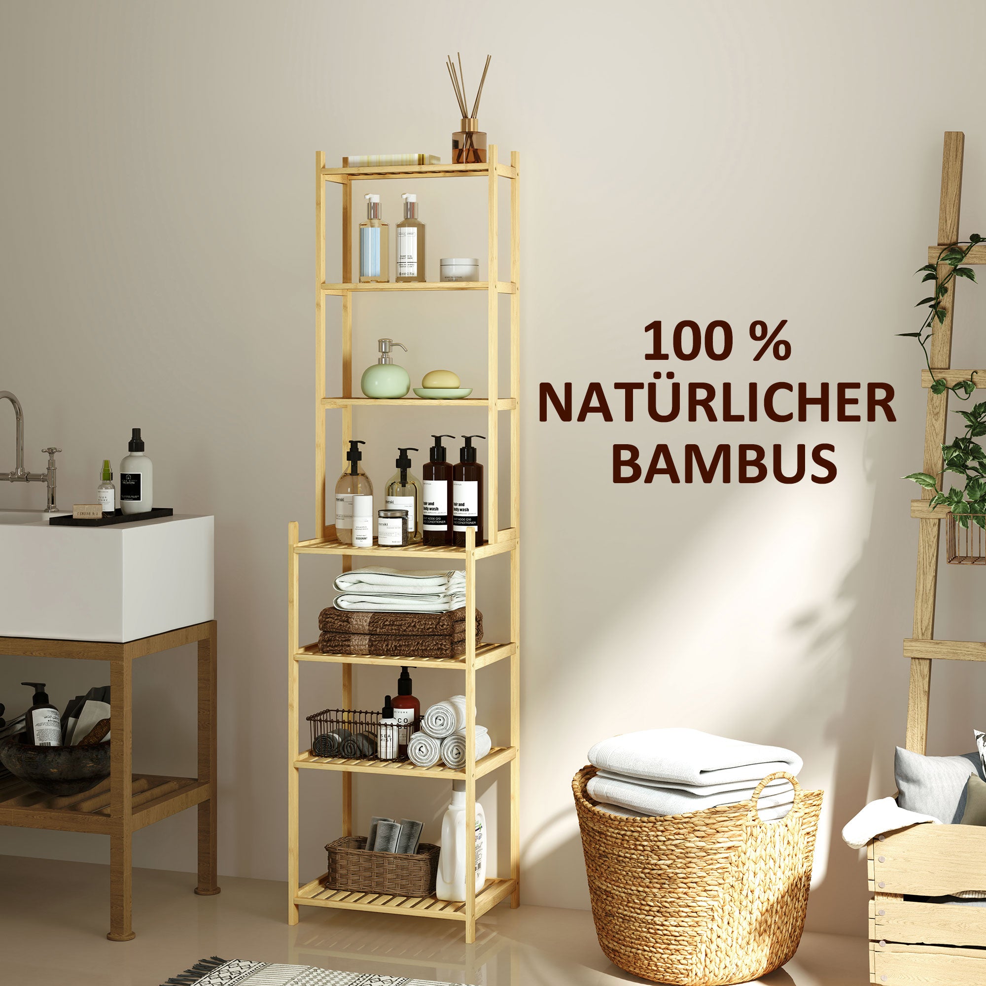 Bathroom Shelf, 7-Tier Standing Shelf Storage Rack made of Bamboo for Living room, Bathroom, Natural, 44 x 33 x 180 cm