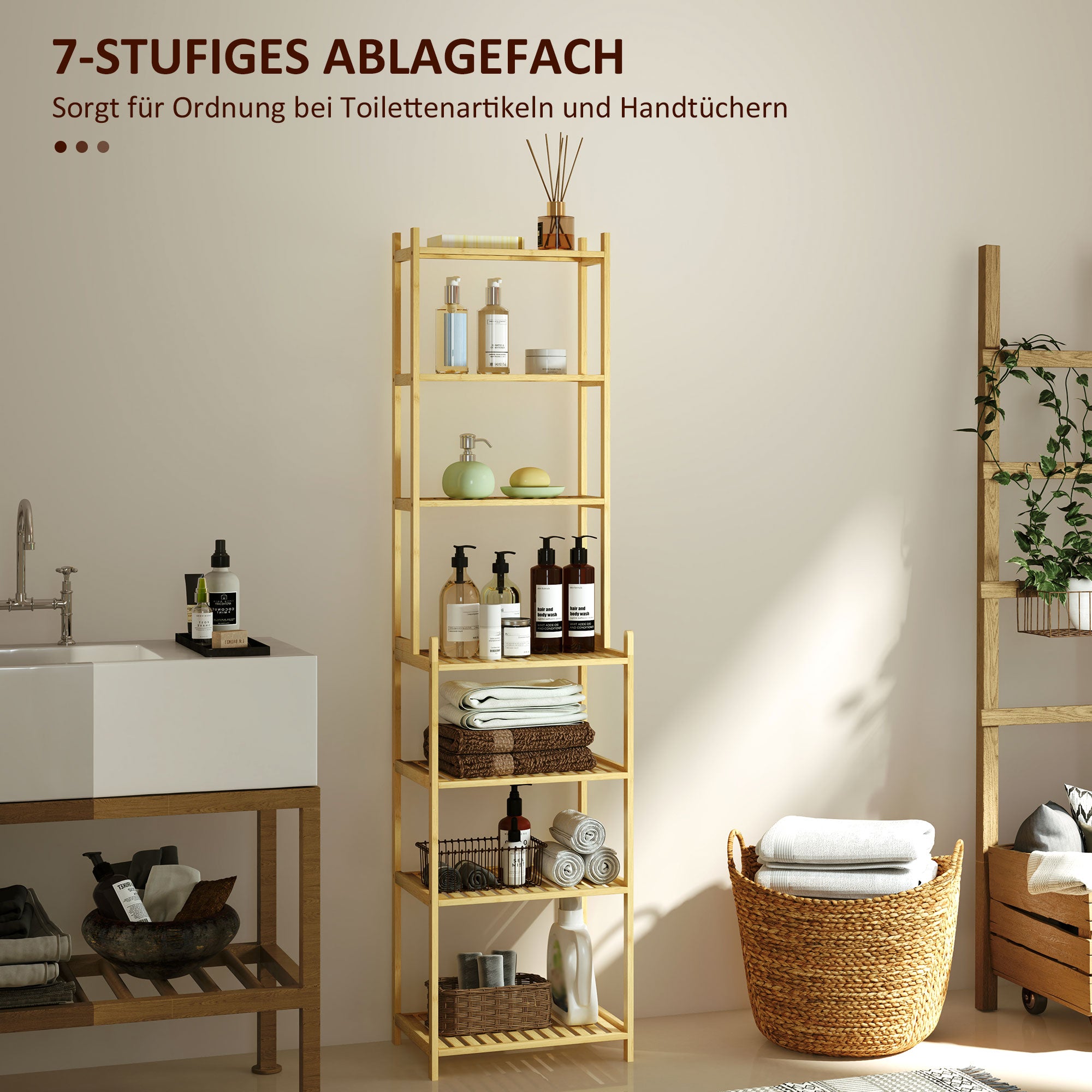 Bathroom Shelf, 7-Tier Standing Shelf Storage Rack made of Bamboo for Living room, Bathroom, Natural, 44 x 33 x 180 cm