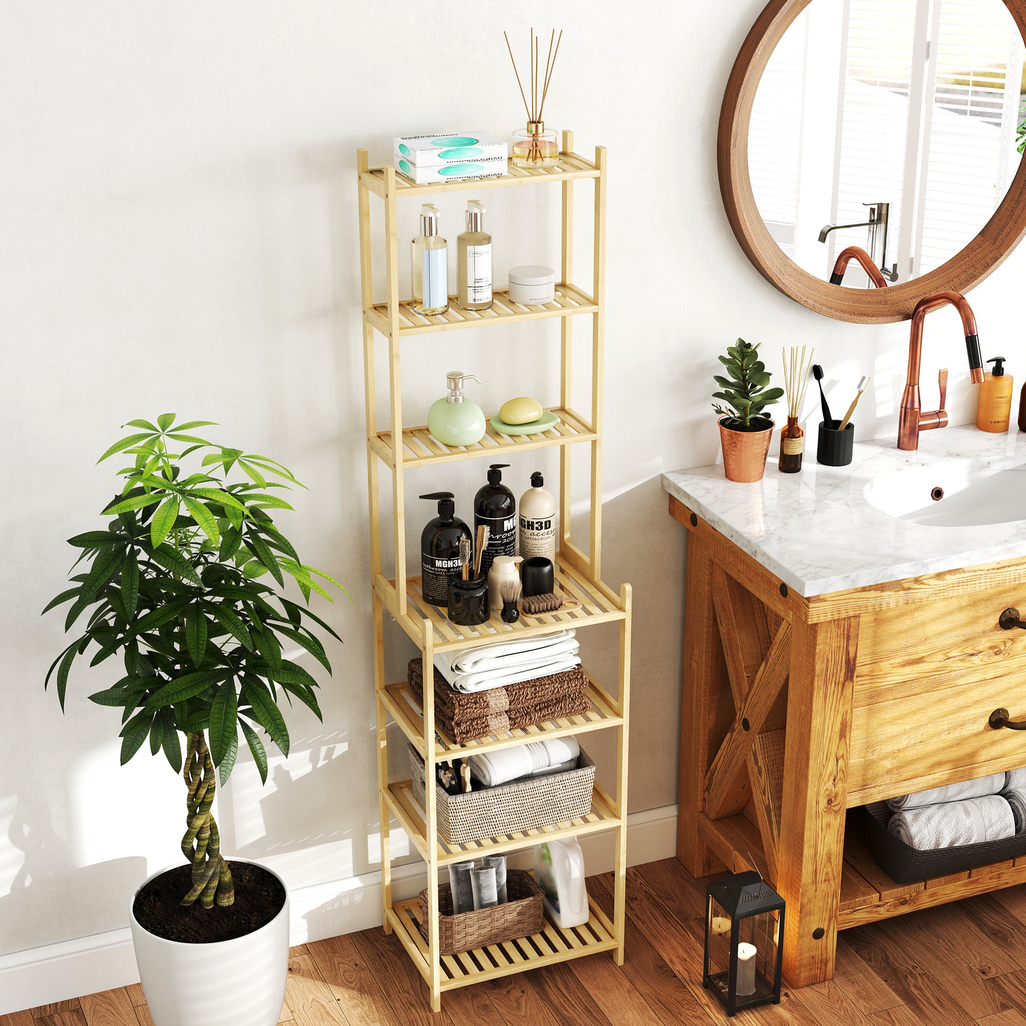 Bathroom Shelf, 7-Tier Standing Shelf Storage Rack made of Bamboo for Living room, Bathroom, Natural, 44 x 33 x 180 cm