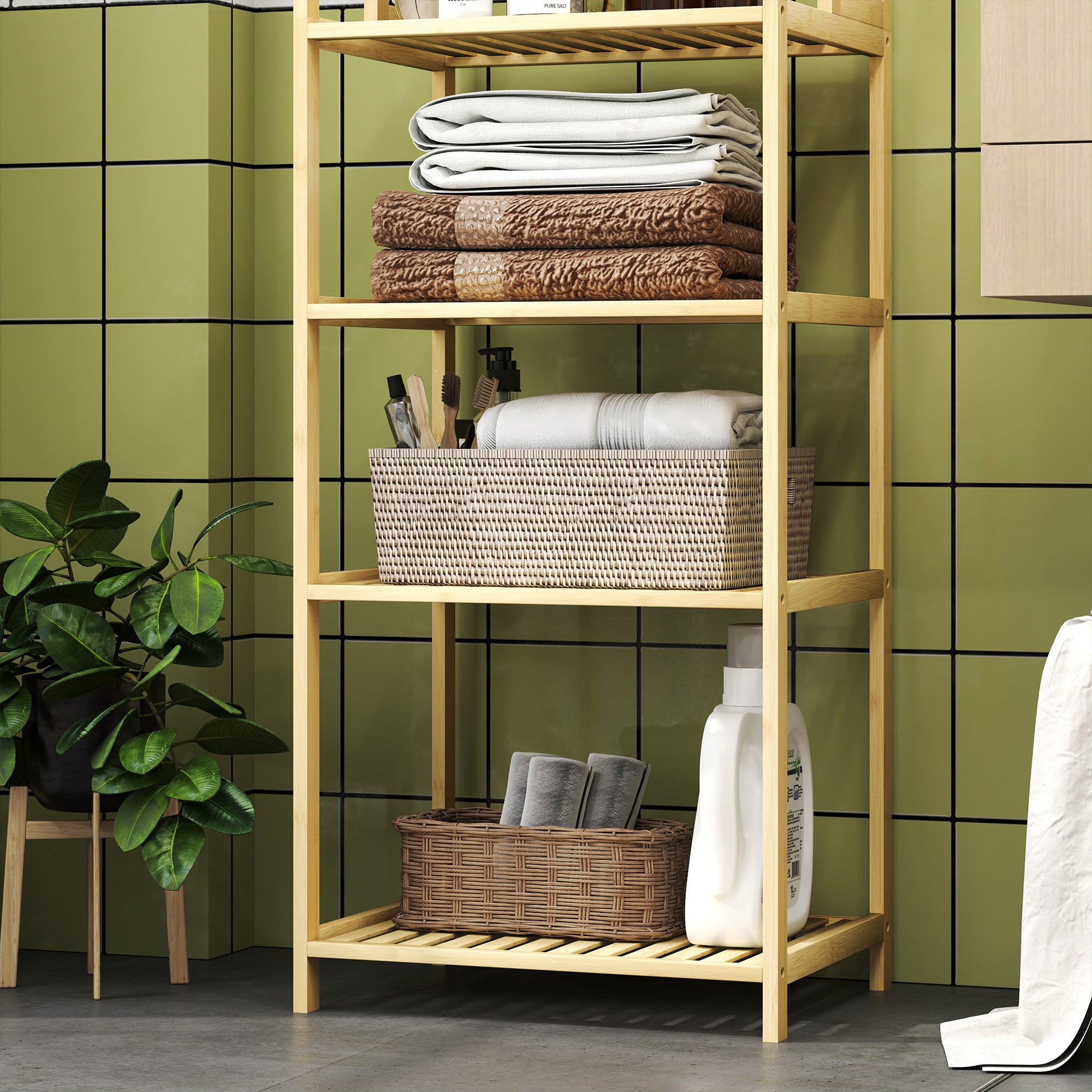 Bathroom Shelf, 7-Tier Standing Shelf Storage Rack made of Bamboo for Living room, Bathroom, Natural, 44 x 33 x 180 cm