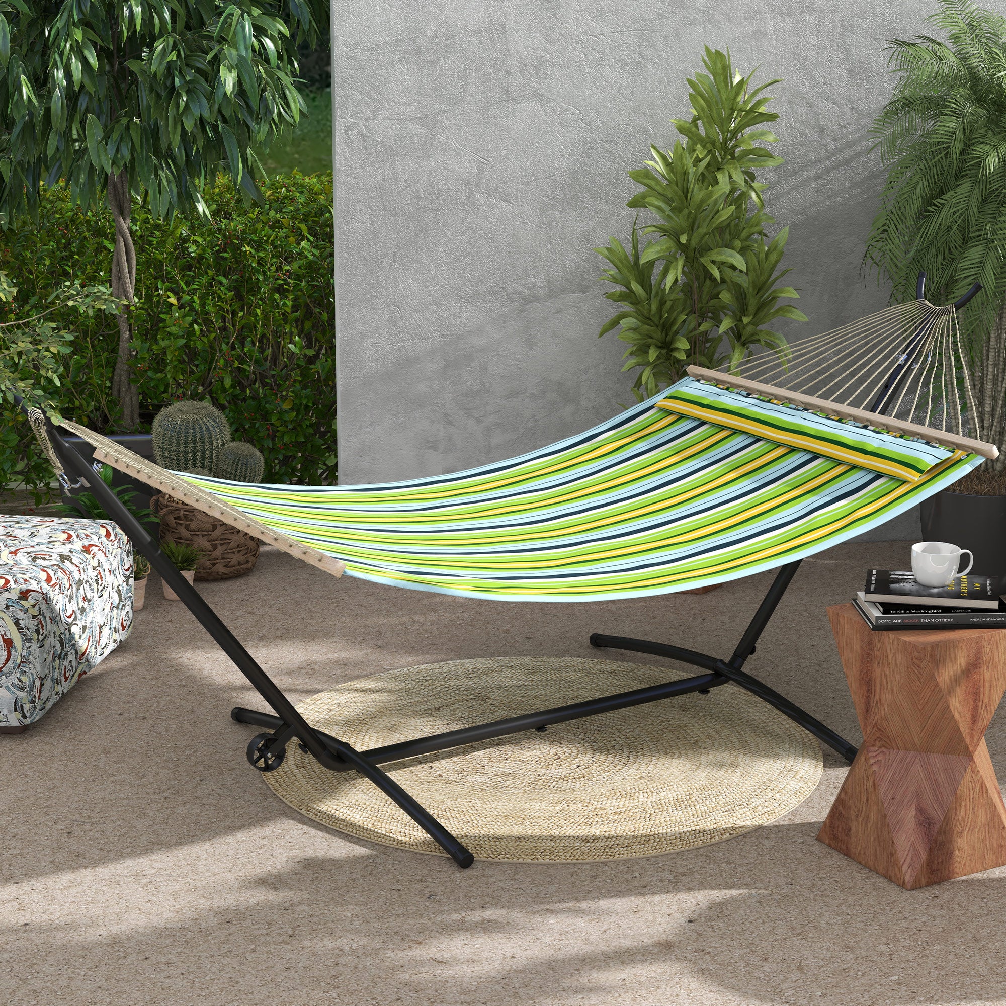 Steel Outdoor Hammock Stand 90 x 120 x 115 cm Hammock Stand with Carrying Bag Hooks Hammock Frame up to 220 kg for Garden Beach Camping Black