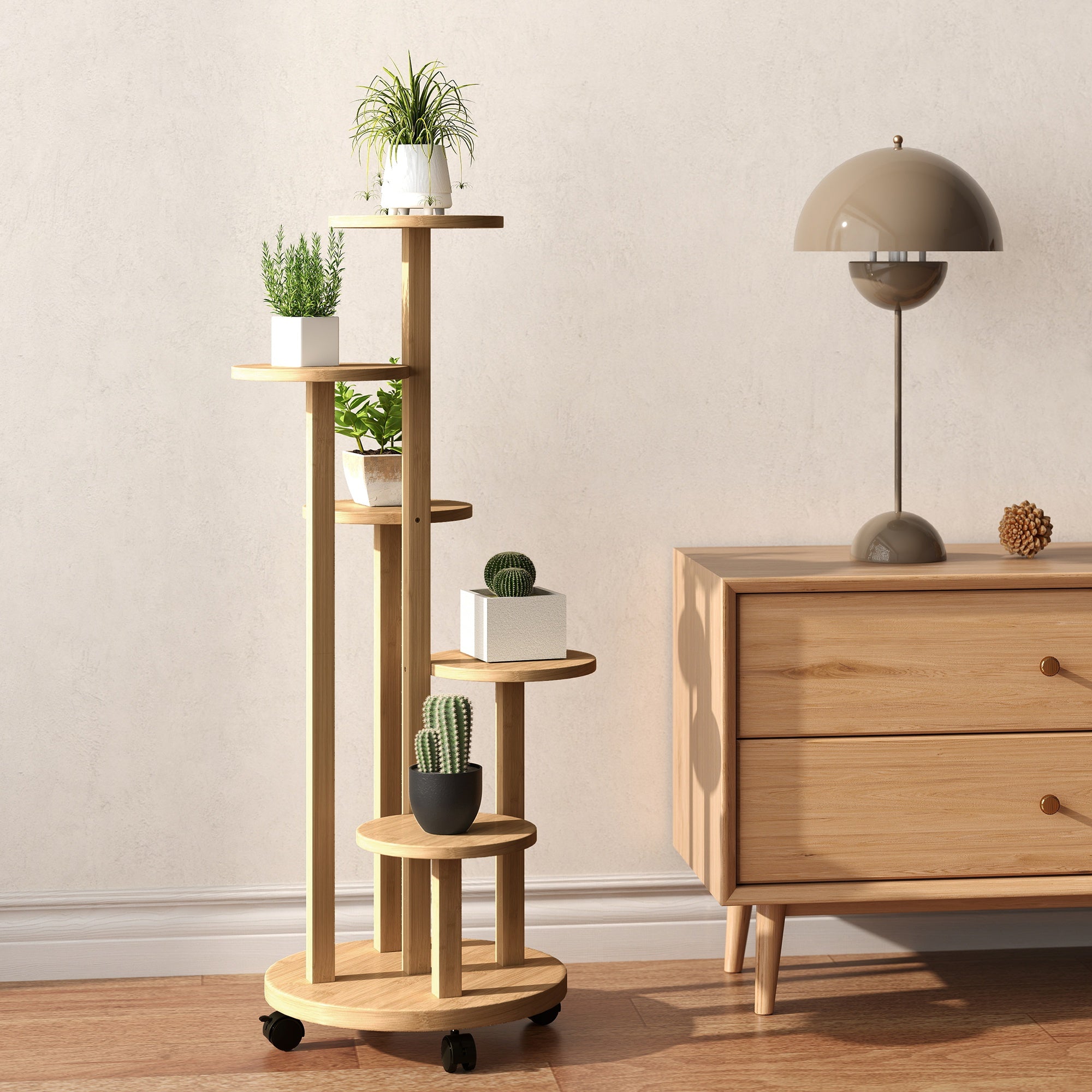 Plant Stand Wooden Plant Shelf with 5 Round Flower Shelves Natural Wood