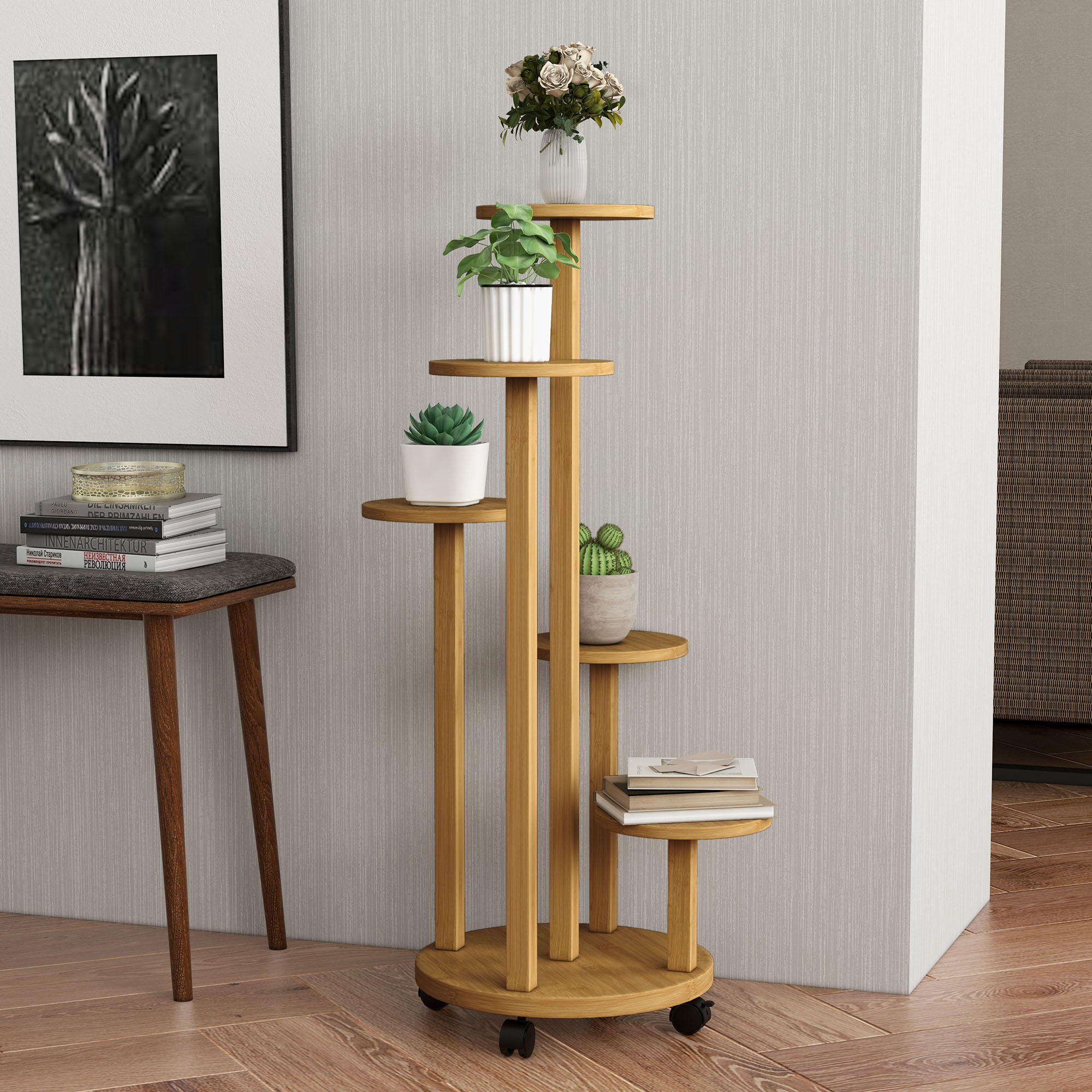 Plant Stand Wooden Plant Shelf with 5 Round Flower Shelves Natural Wood