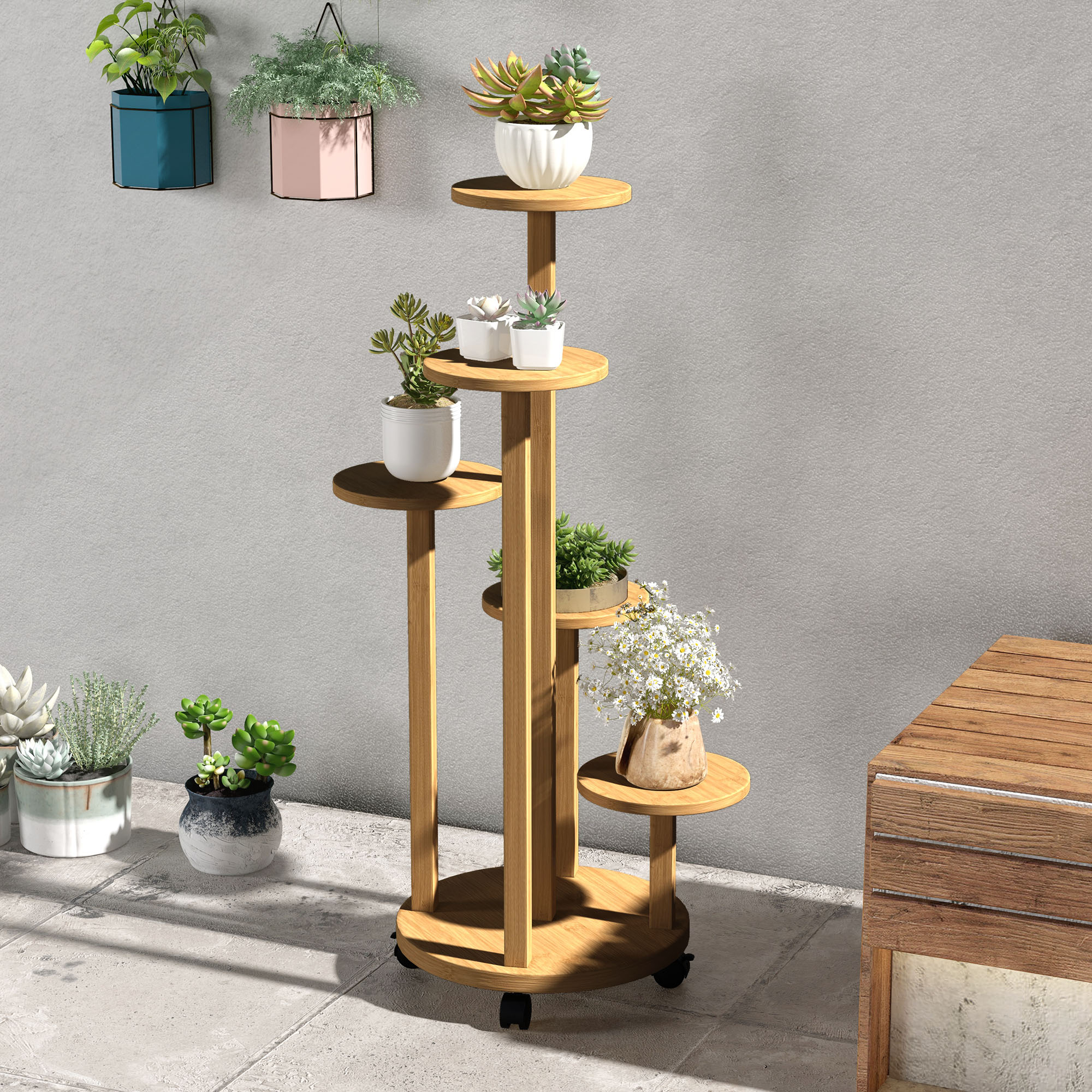 Plant Stand Wooden Plant Shelf with 5 Round Flower Shelves Natural Wood