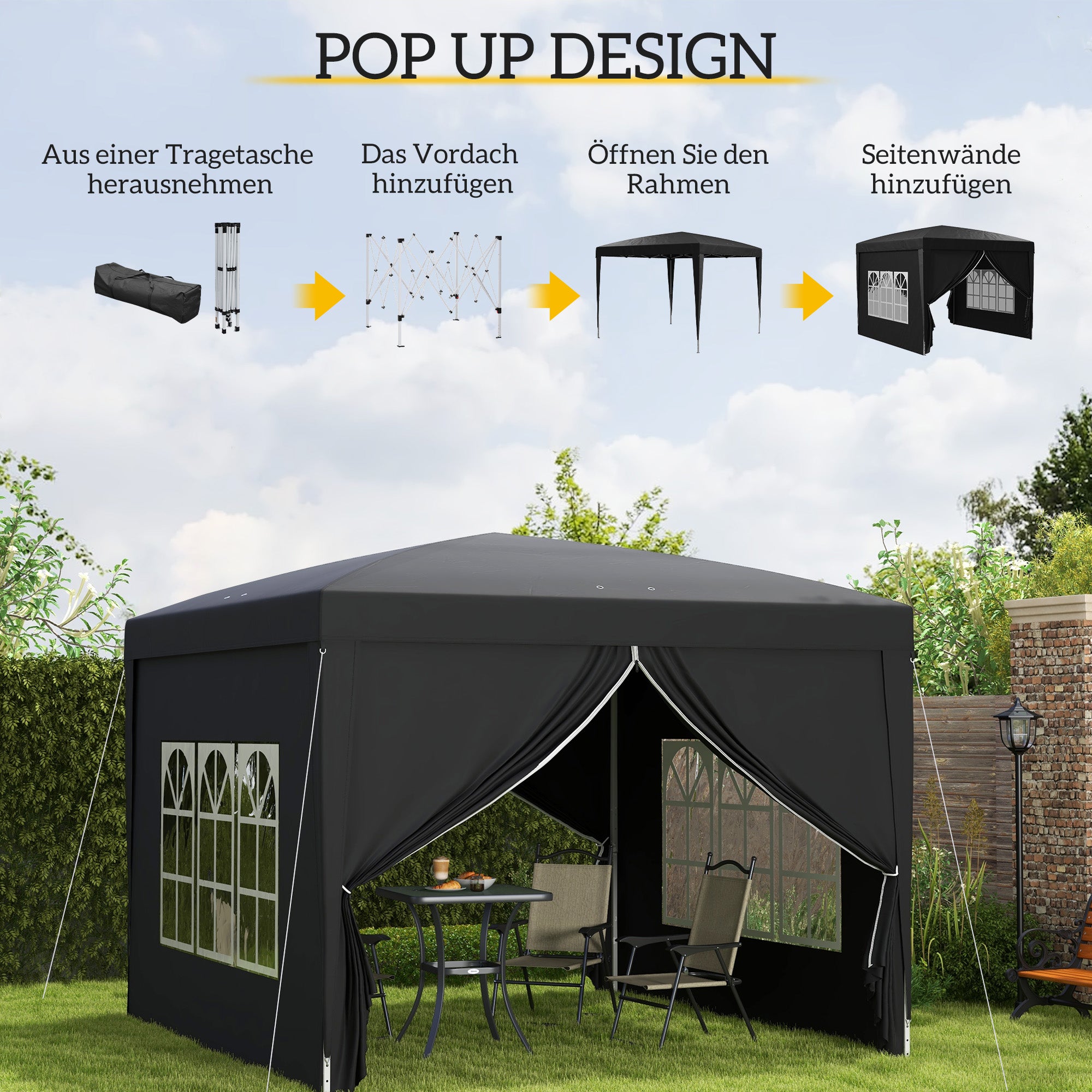 Pavilion approx. 3x3m, Water-Resistant Stable Winterproof Pop-up Folding Pavilion, UV Protection 50+, Foldable Party Tent Garden Gazebo with 4 Side Walls Bag Garden Pavilion for Camping Garden, Black