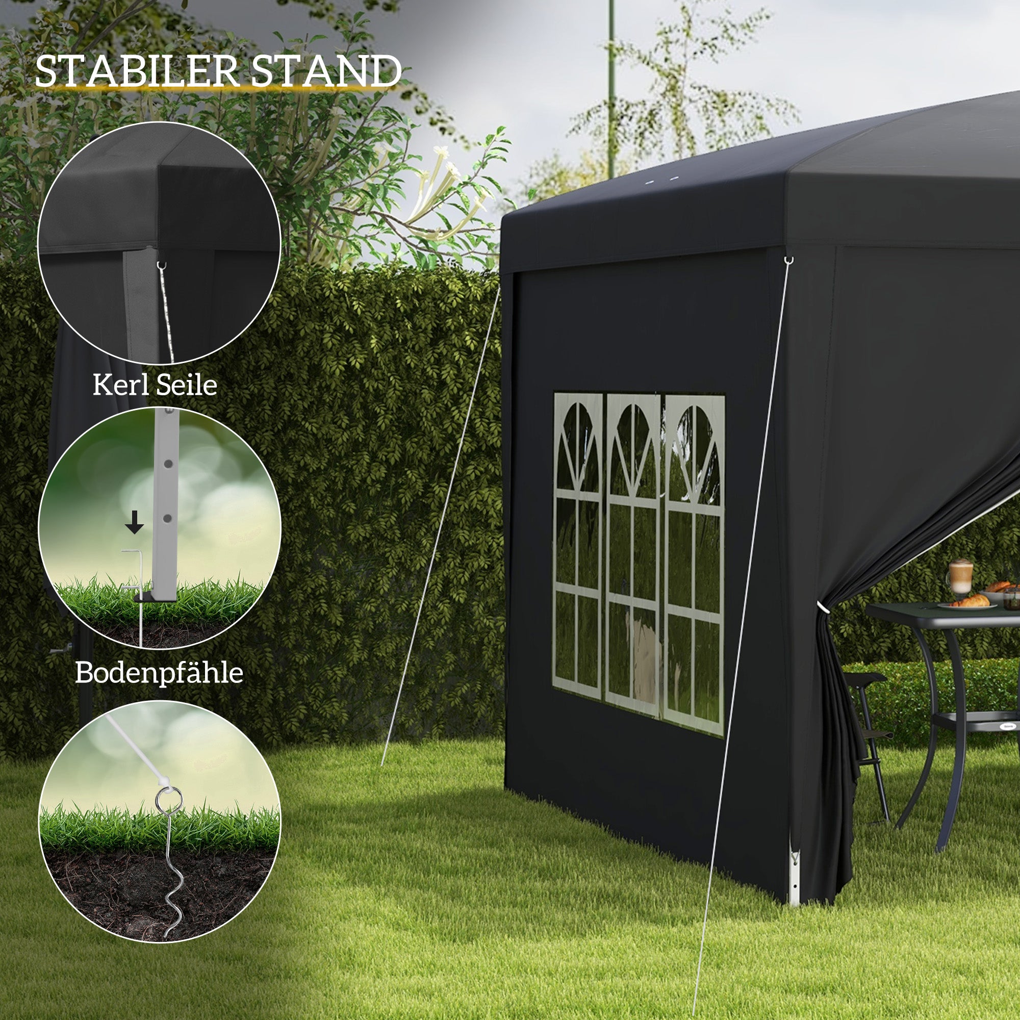 Pavilion approx. 3x3m, Water-Resistant Stable Winterproof Pop-up Folding Pavilion, UV Protection 50+, Foldable Party Tent Garden Gazebo with 4 Side Walls Bag Garden Pavilion for Camping Garden, Black