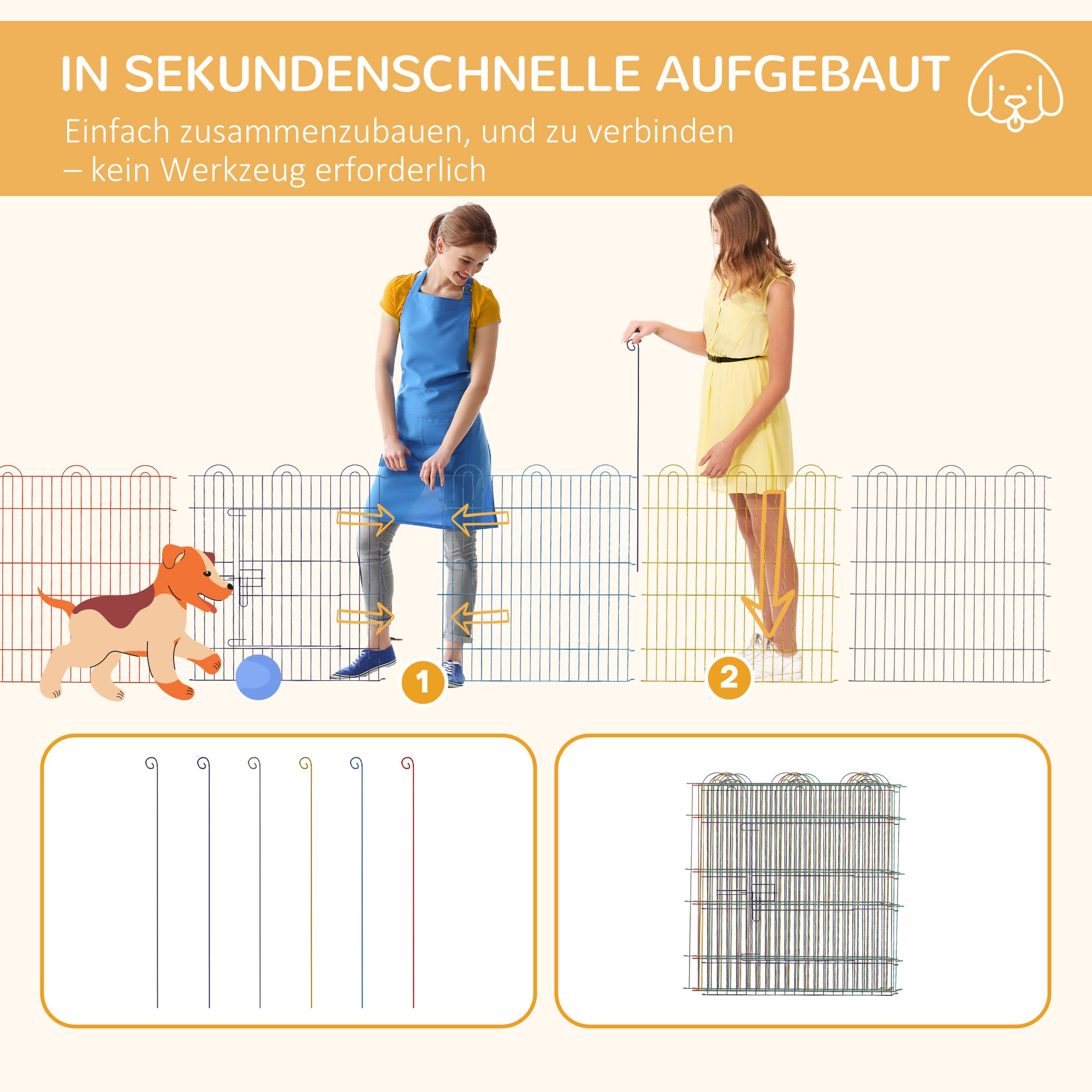 Puppy Playpen Puppy Run for Pets, 6 Pieces 60 cm Puppy Fence, DIY Playpen, Playpen with Door, Metal, Multicolored