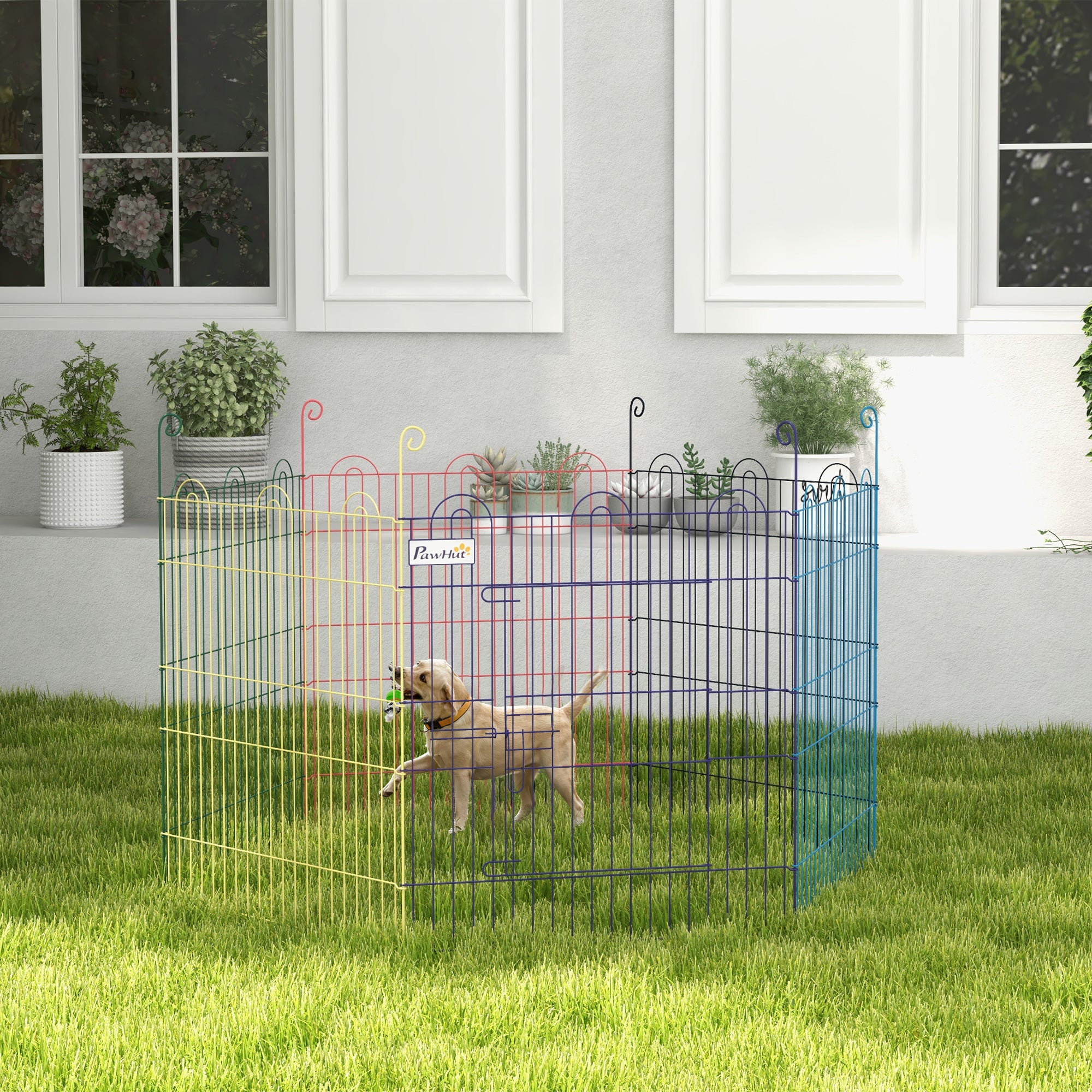 Puppy Playpen Puppy Run for Pets, 6 Pieces 60 cm Puppy Fence, DIY Playpen, Playpen with Door, Metal, Multicolored