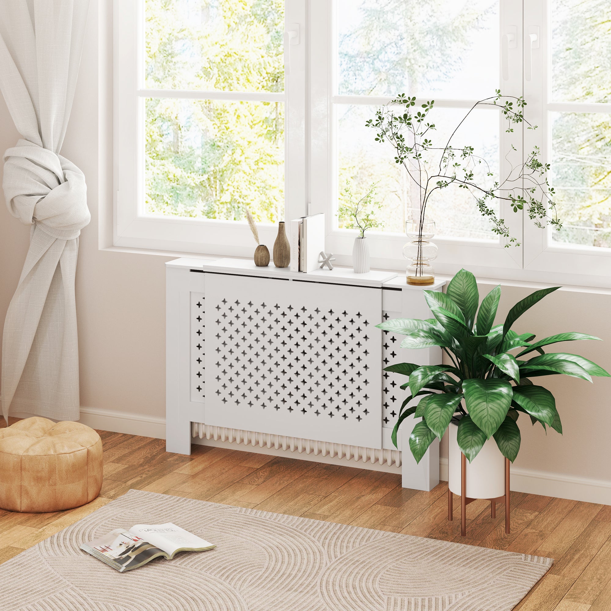 Adjustable Radiator Cover in Contemporary Honeycomb Design 136-200 x 21.5 x 91.7 cm Wooden Radiator Cover for Bedroom, Living Room - White