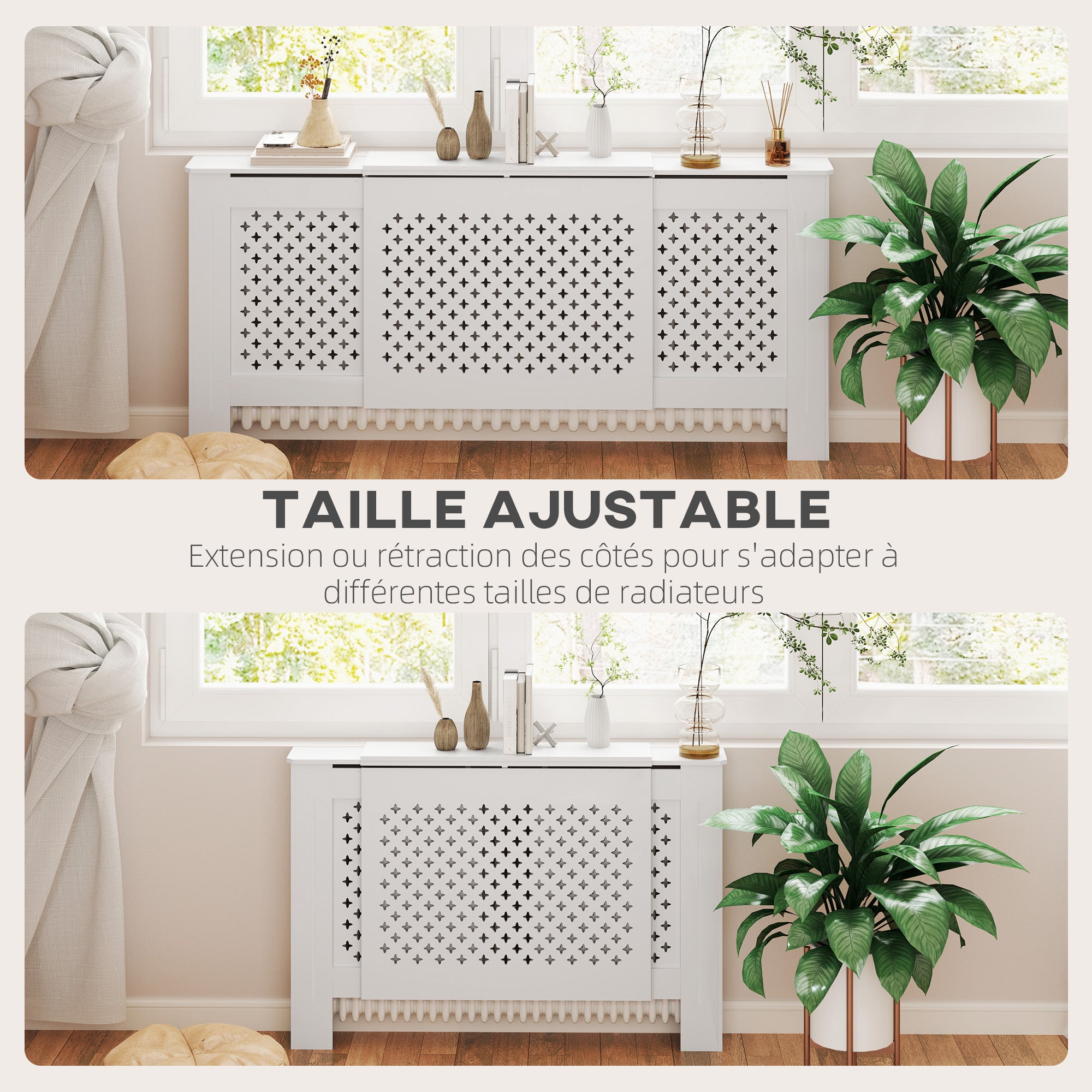 Adjustable Radiator Cover in Contemporary Honeycomb Design 136-200 x 21.5 x 91.7 cm Wooden Radiator Cover for Bedroom, Living Room - White